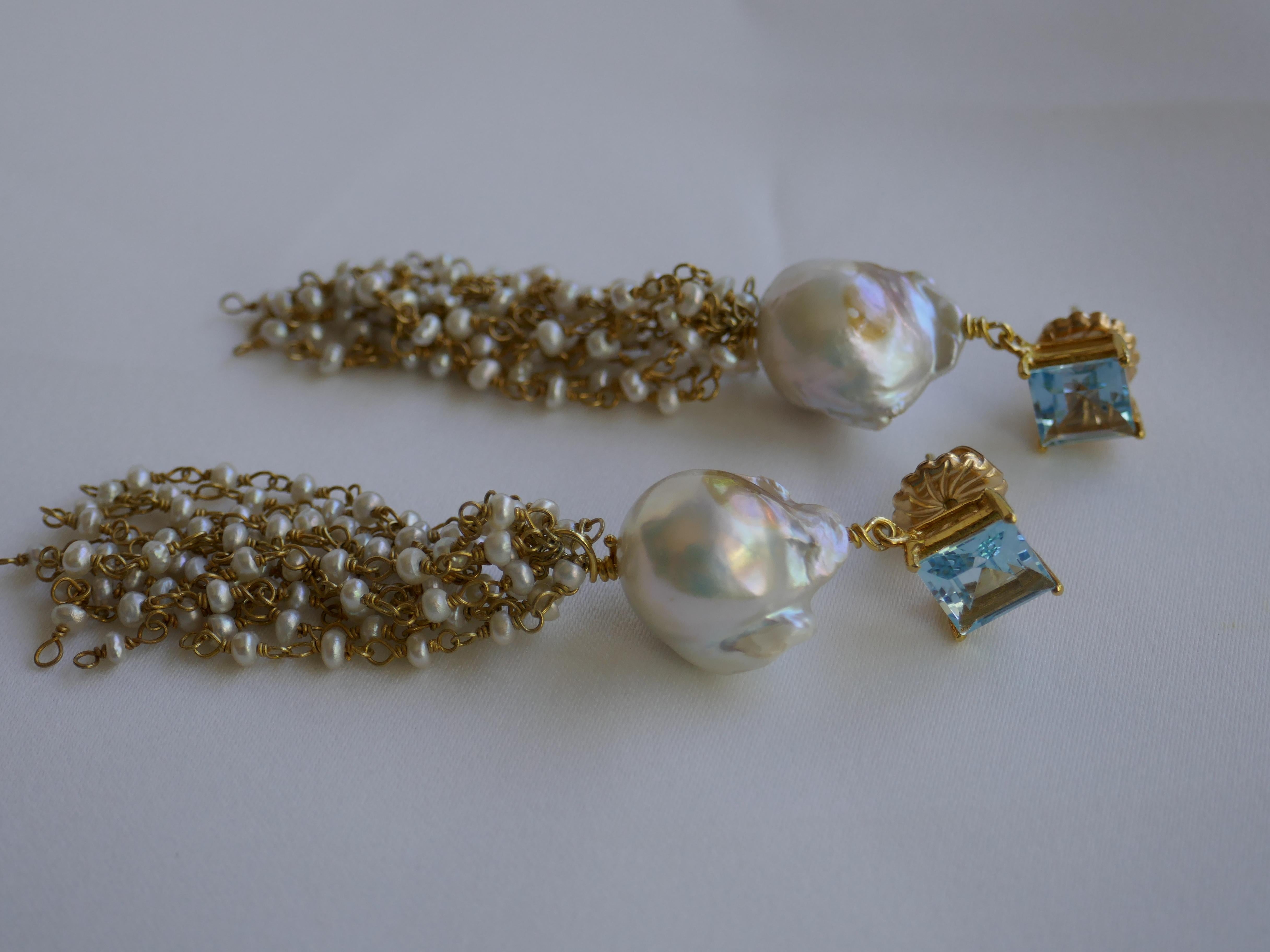 Women's or Men's Blue Topaz Baroque Cultured Pearls Tassei 14k Plated 925 Sterling Silver Earring