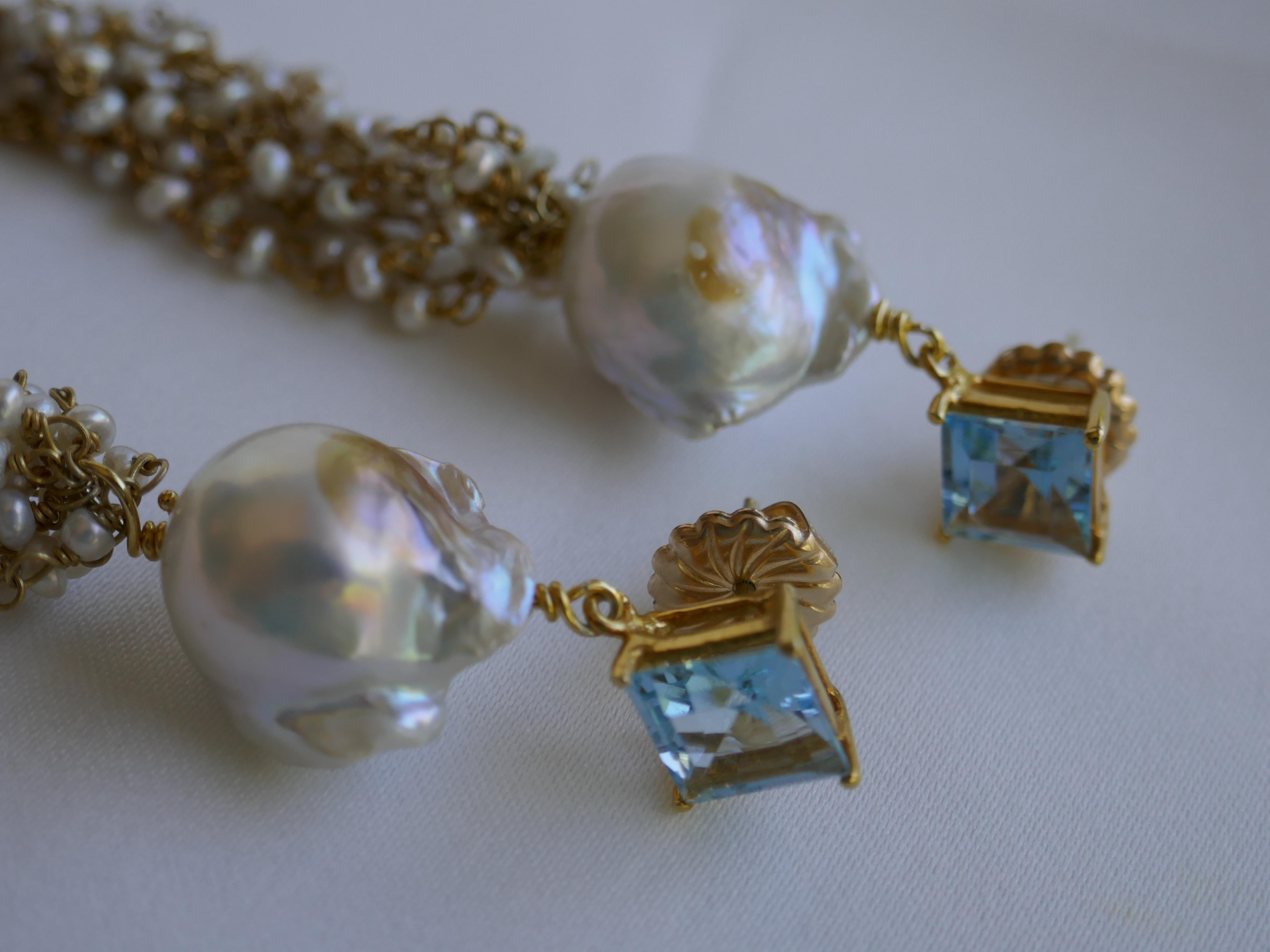 Blue Topaz Baroque Cultured Pearls Tassei 14k Plated 925 Sterling Silver Earring 1