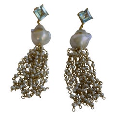 Blue Topaz Baroque Cultured Pearls Tassei 14k Plated 925 Sterling Silver Earring