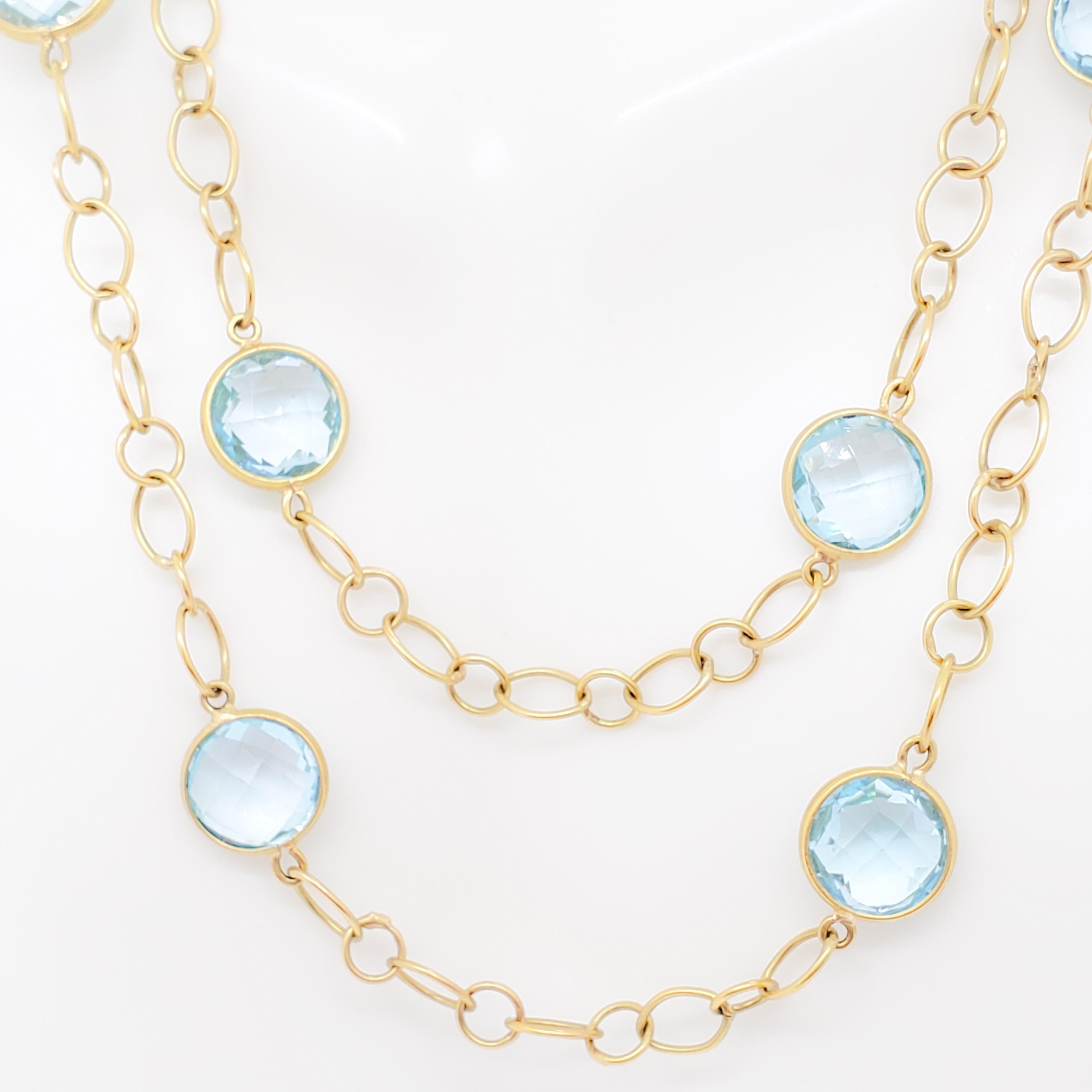 Women's or Men's Blue Topaz Bezel Chain Necklace in 18k Yellow Gold For Sale