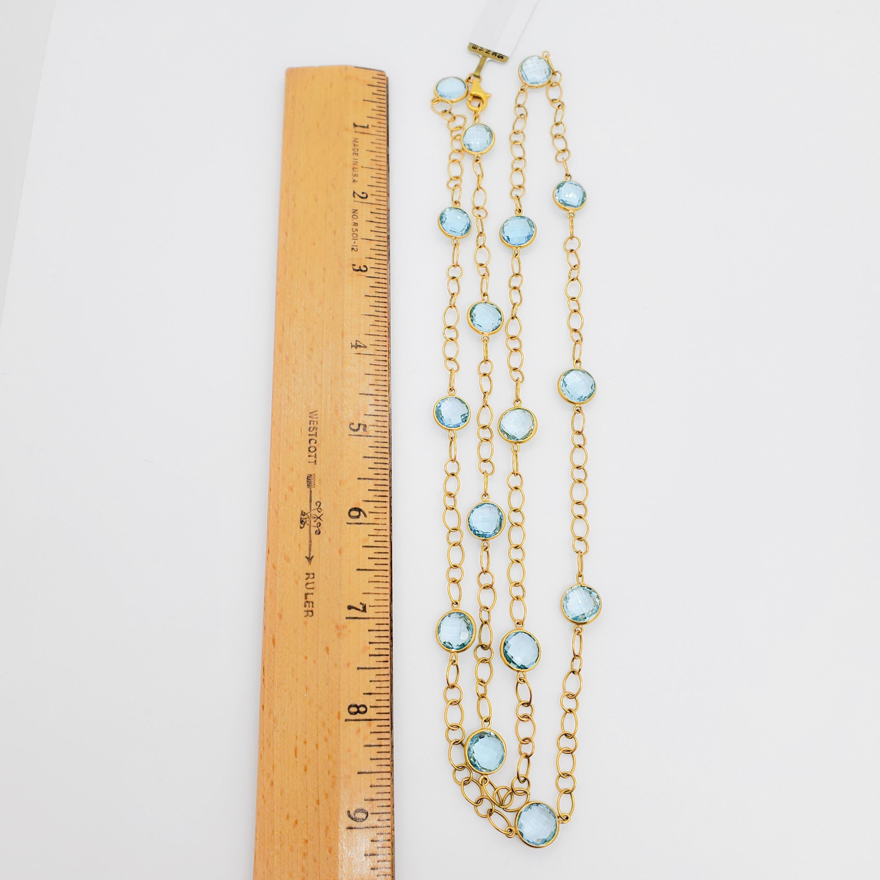 Blue Topaz Bezel Chain Necklace in 18k Yellow Gold For Sale 1