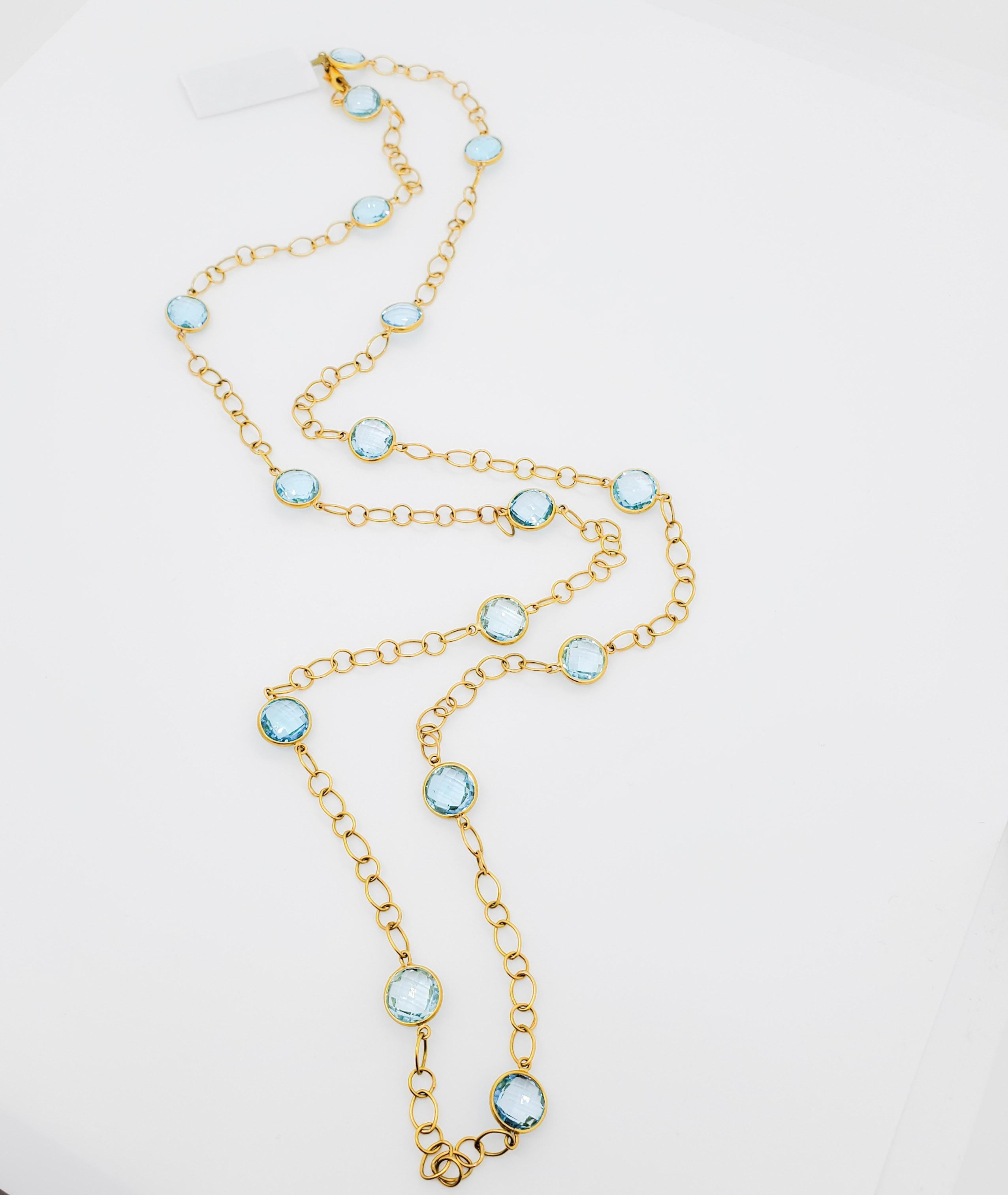 Blue Topaz Bezel Chain Necklace in 18k Yellow Gold For Sale 2