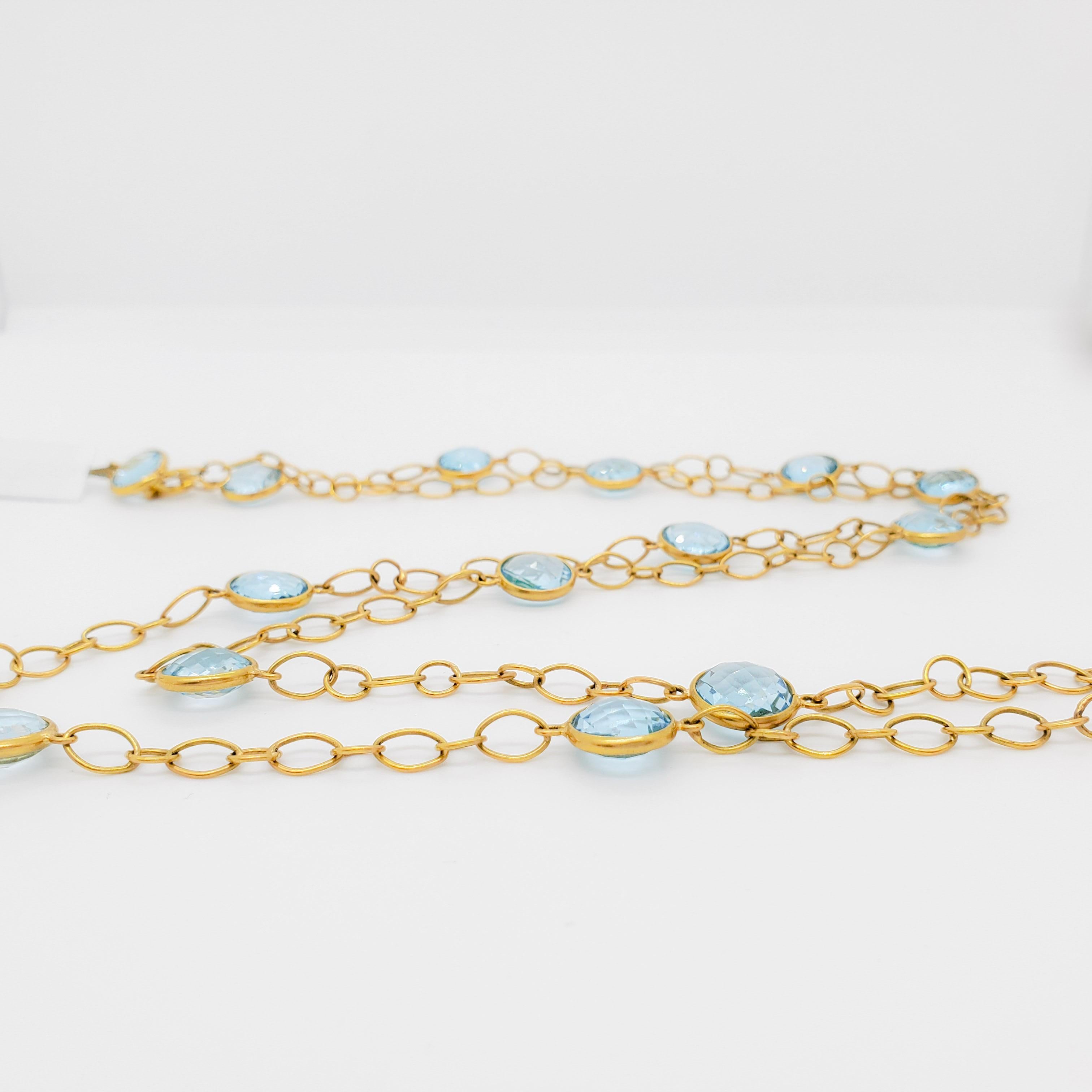 Blue Topaz Bezel Chain Necklace in 18k Yellow Gold For Sale 3