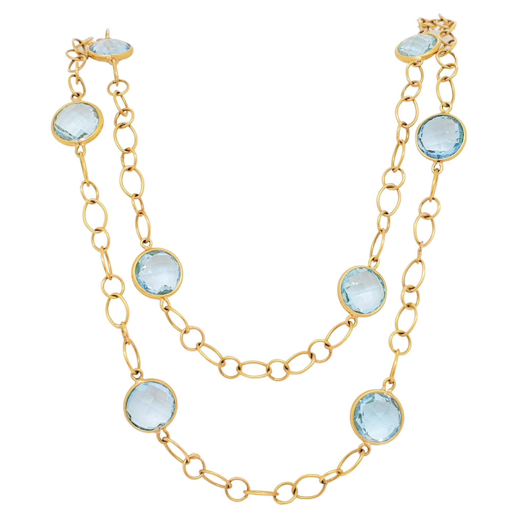 Blue Topaz Bezel Chain Necklace in 18k Yellow Gold For Sale
