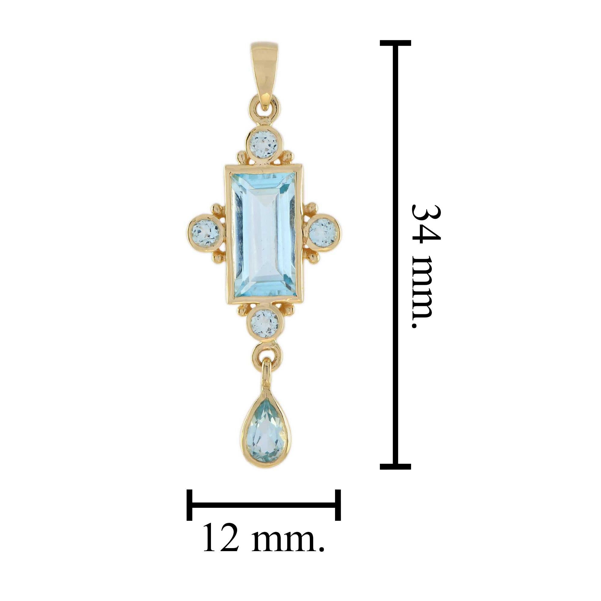 Blue Topaz Bezel Set Vintage Style Pendant in 9K Yellow Gold In New Condition In Bangkok, TH