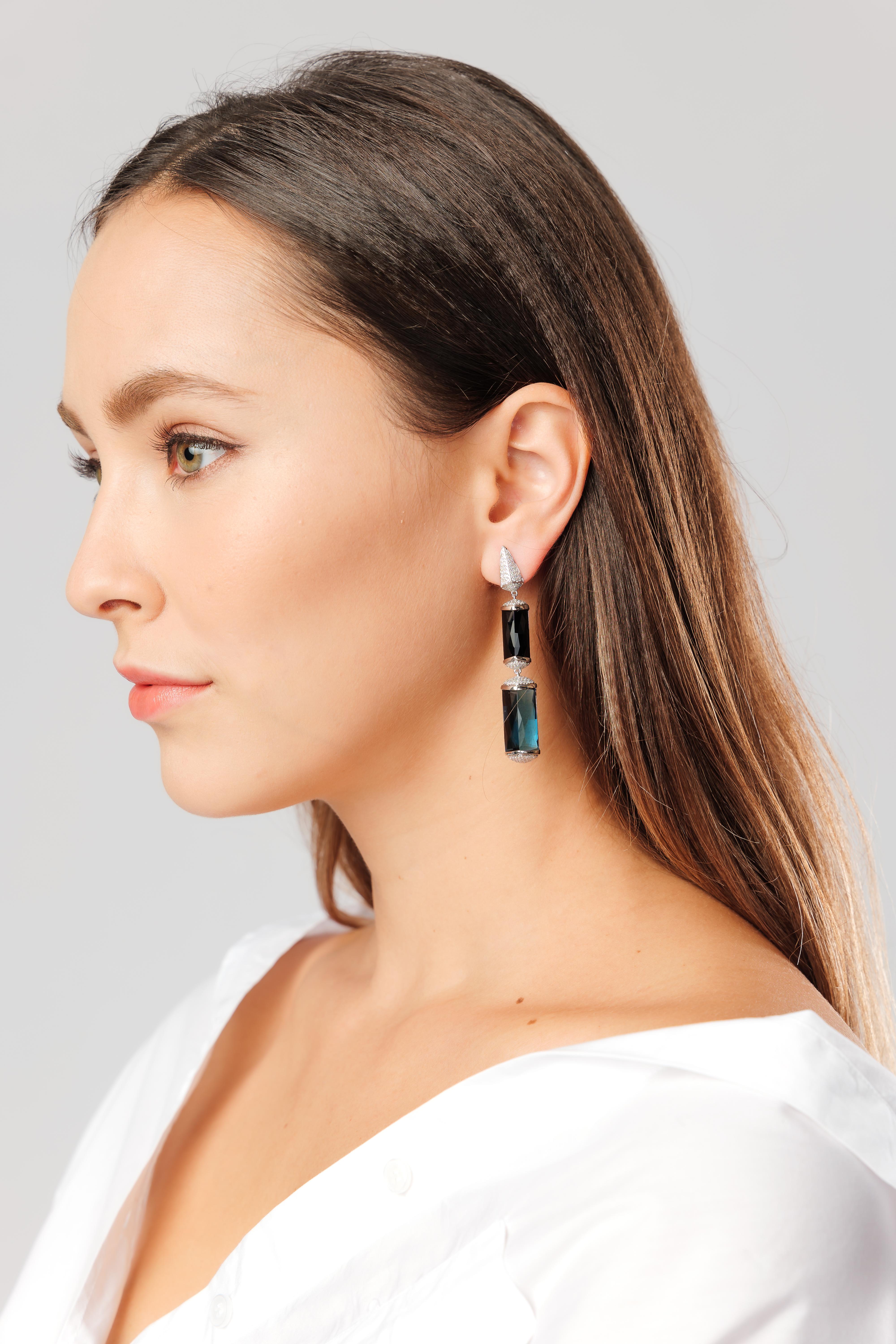 Contemporary Blue Topaz and Black Onyx with Diamond Earrings in 18 Karat White Gold For Sale