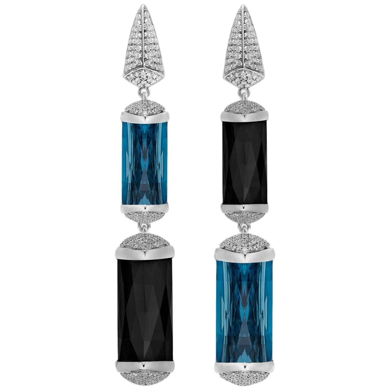 Blue Topaz and Black Onyx with Diamond Earrings in 18 Karat White Gold For Sale