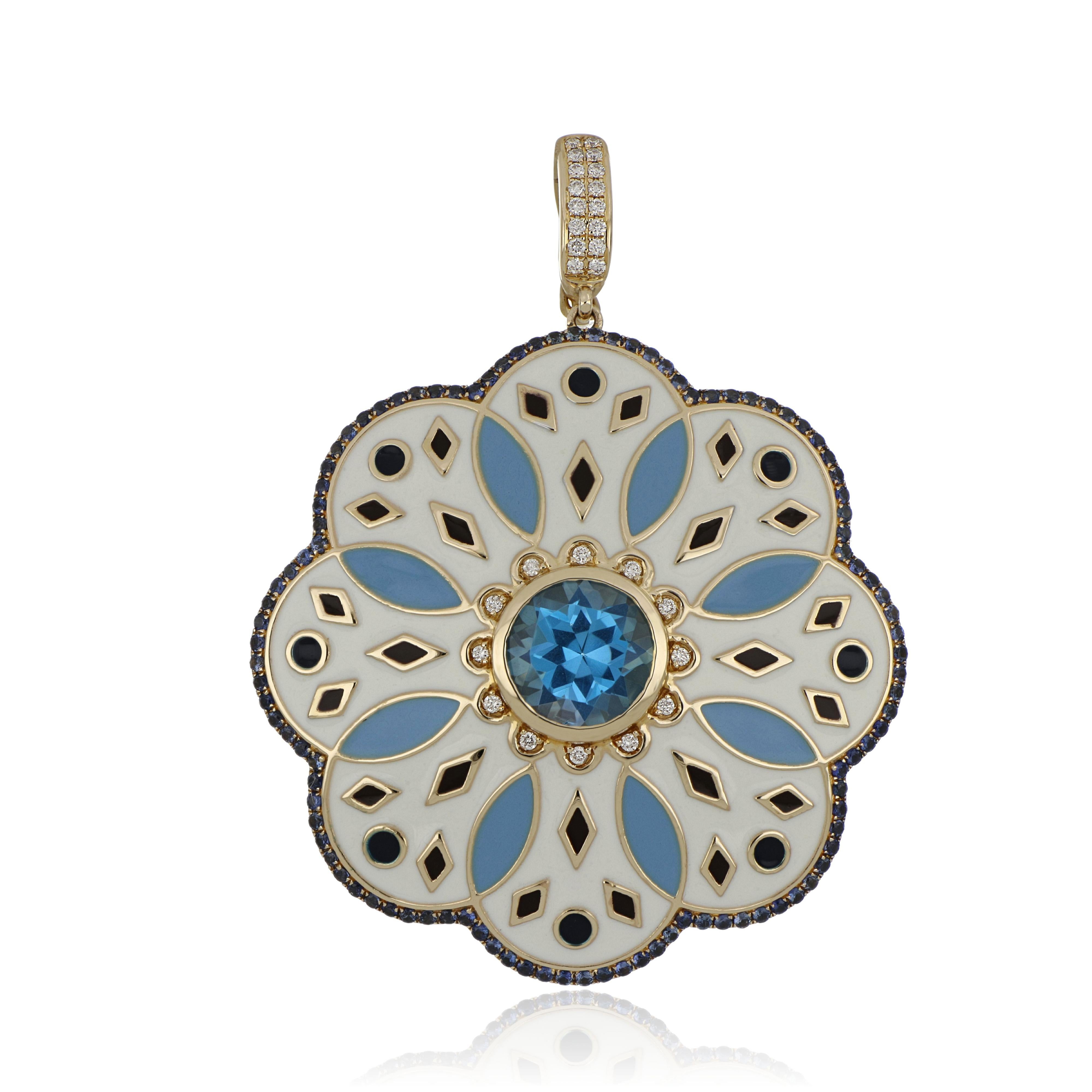 Elegant and exquisite Enamel Cocktail 14 K Pendant, center set with 2.42 Cts. Round Cut Swiss Blue Topaz, accented with Diamonds, weighing approx. 0.09 Cts and Surrounded with 0.56 Cts of Blue Sapphire Beautifully Hand crafted in 14 Karat Yellow