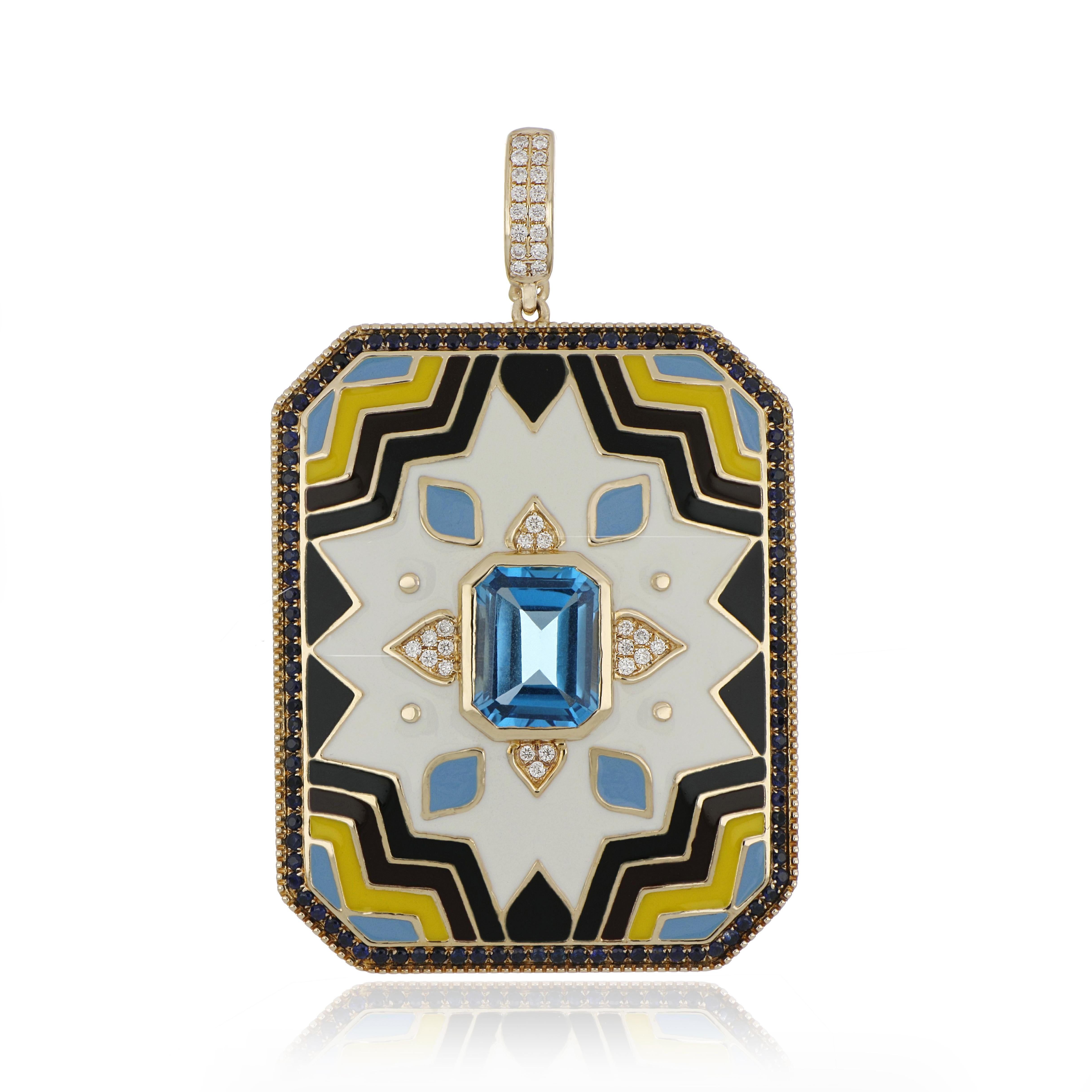 Contemporain Pendentif en or 14 carats avec topaze bleue, saphir bleu et émail clouté en vente