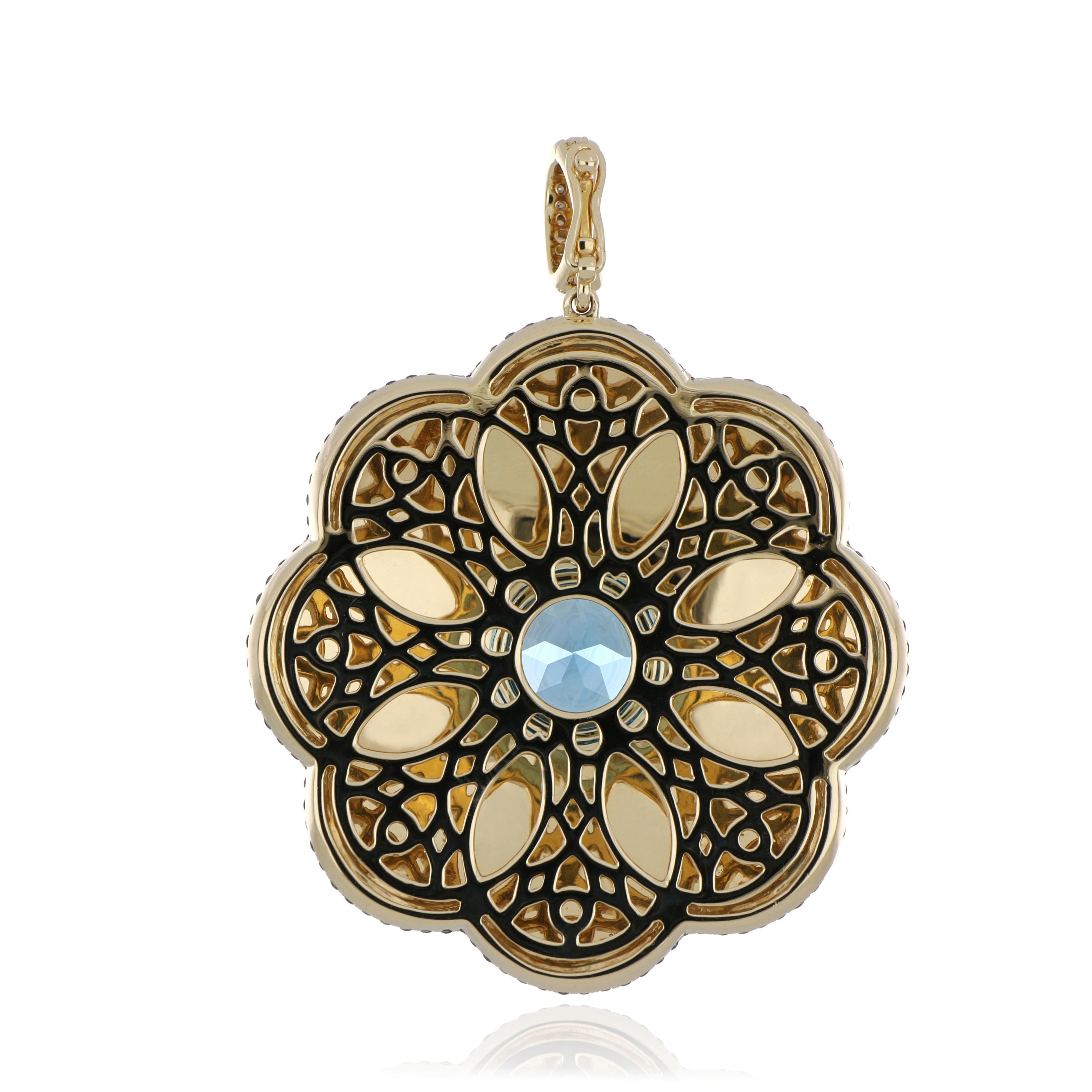 Blue Topaz, Blue Sapphire and Diamond Studded Enamel Pendant in 14 Karat Gold In New Condition For Sale In JAIPUR, IN