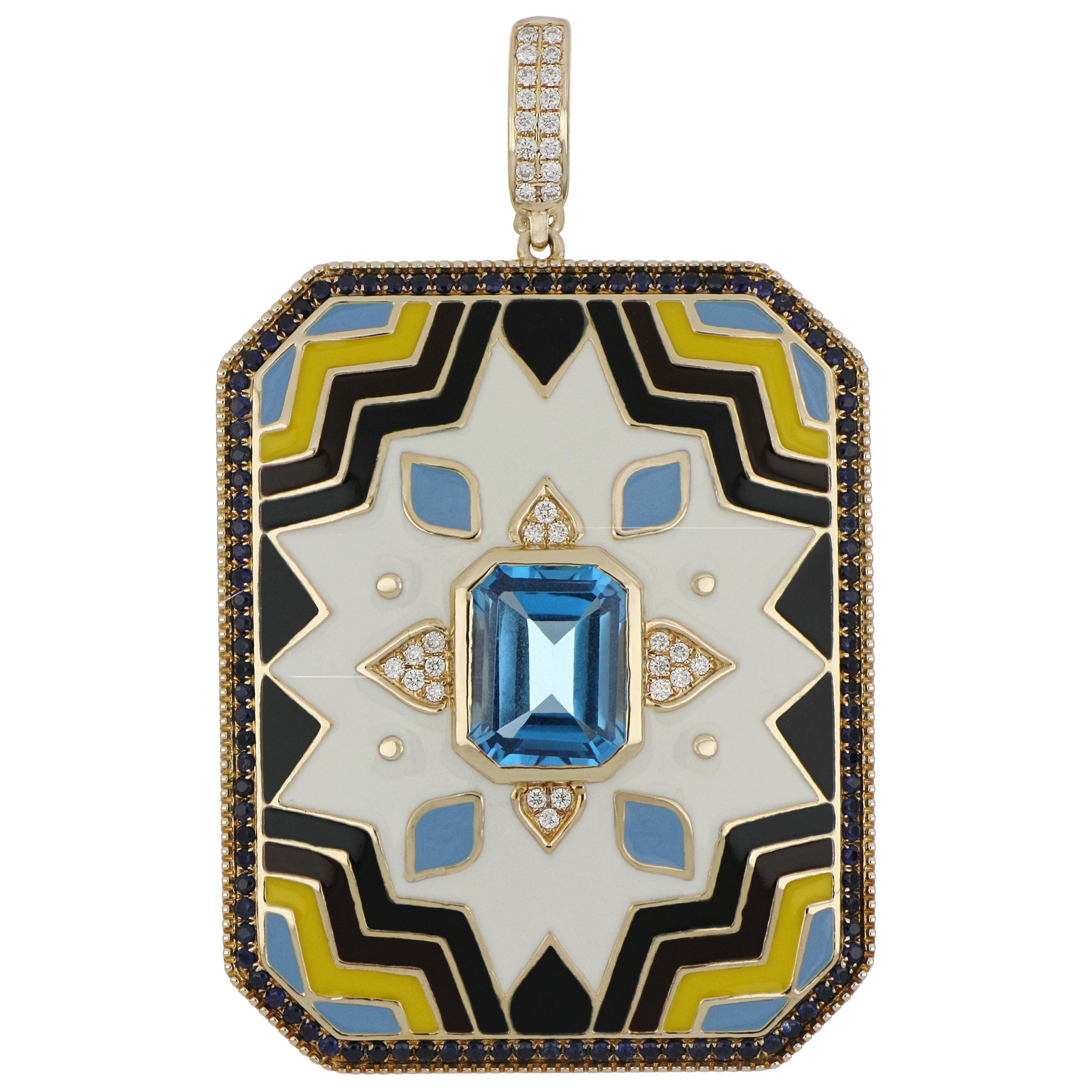 Blue Topaz, Blue Sapphire and Diamond Studded Enamel Pendant in 14 Karat Gold For Sale