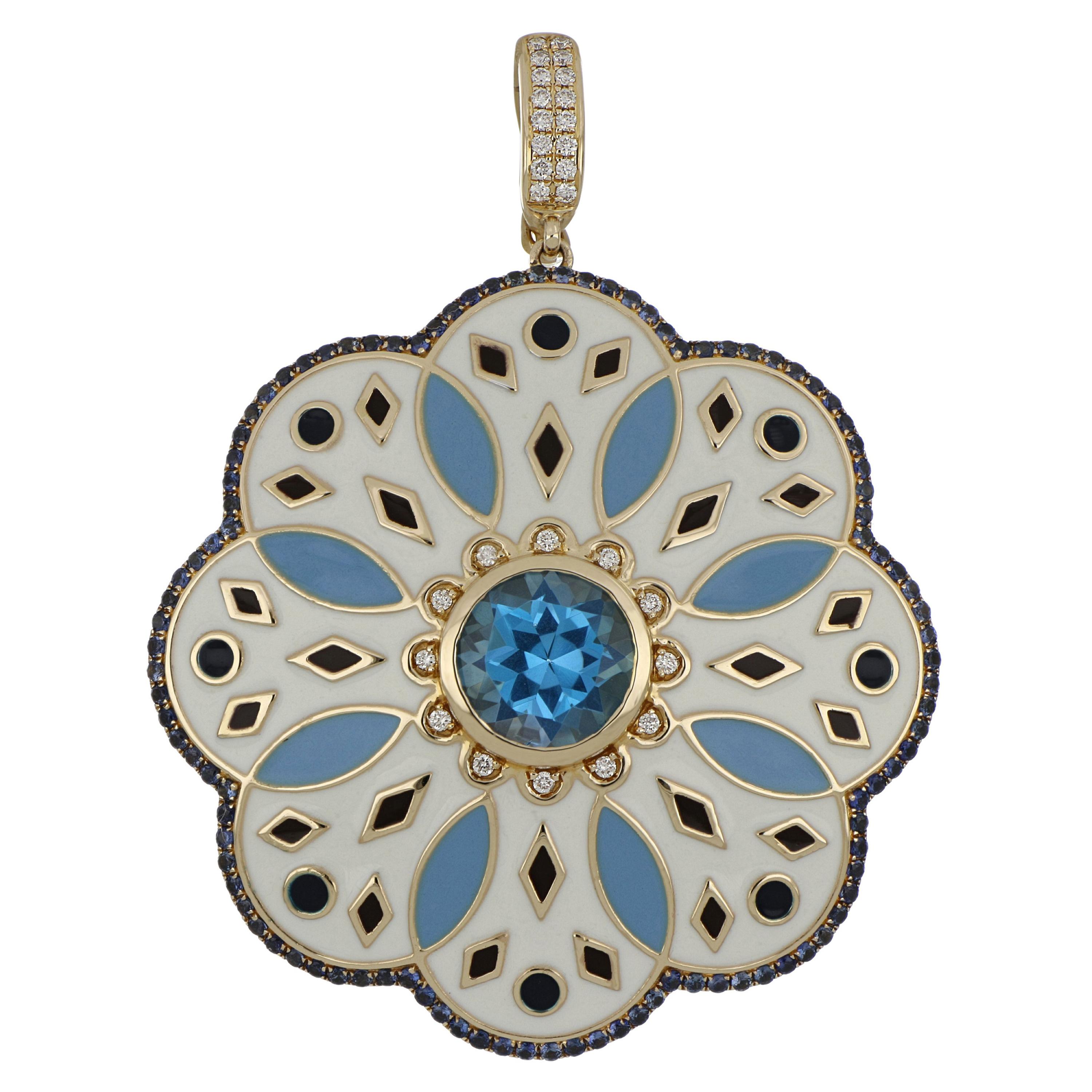 Blue Topaz, Blue Sapphire and Diamond Studded Enamel Pendant in 14 Karat Gold For Sale