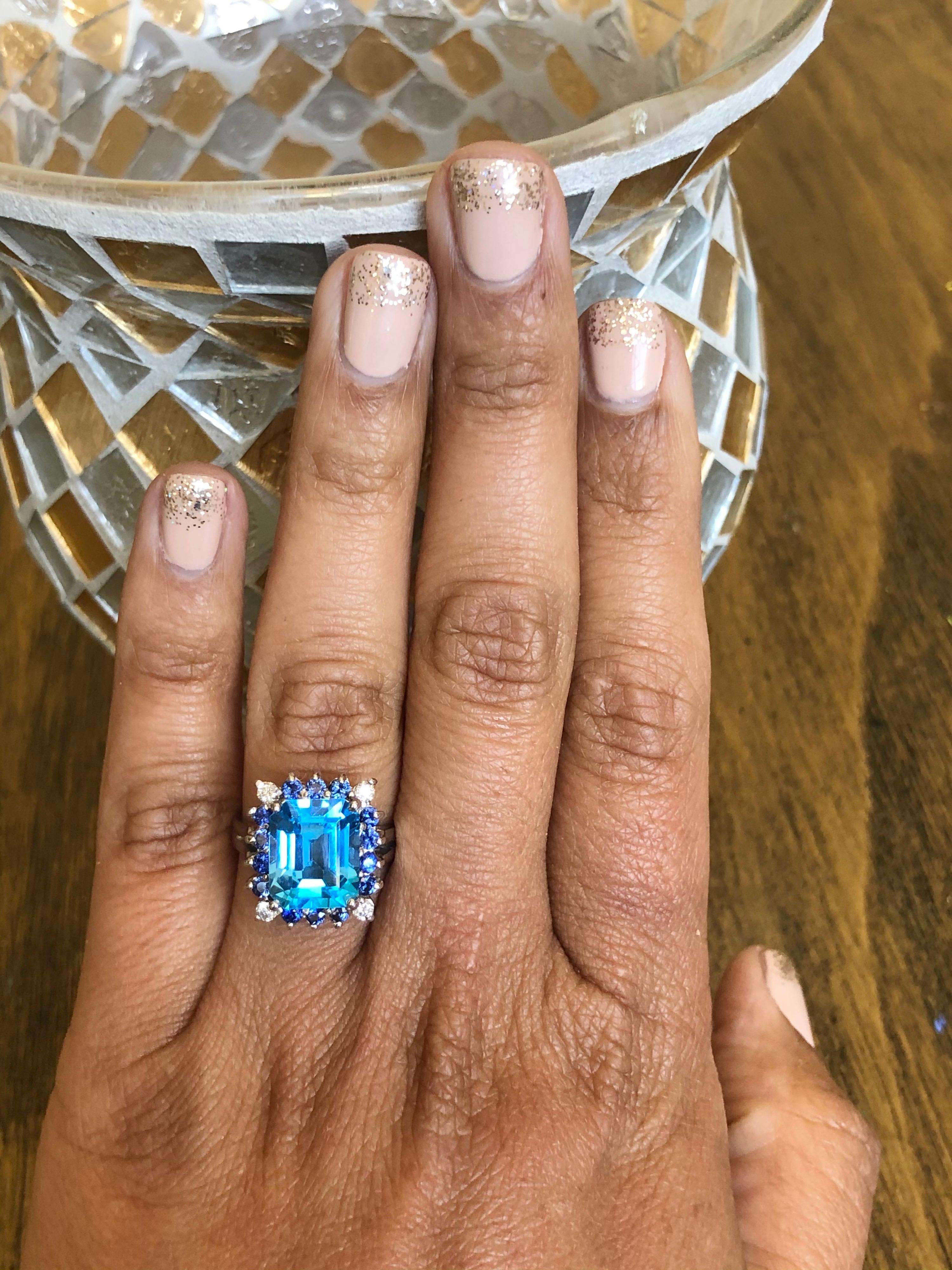 Contemporary Blue Topaz Blue Sapphire Diamond 14 Karat White Gold Ring For Sale
