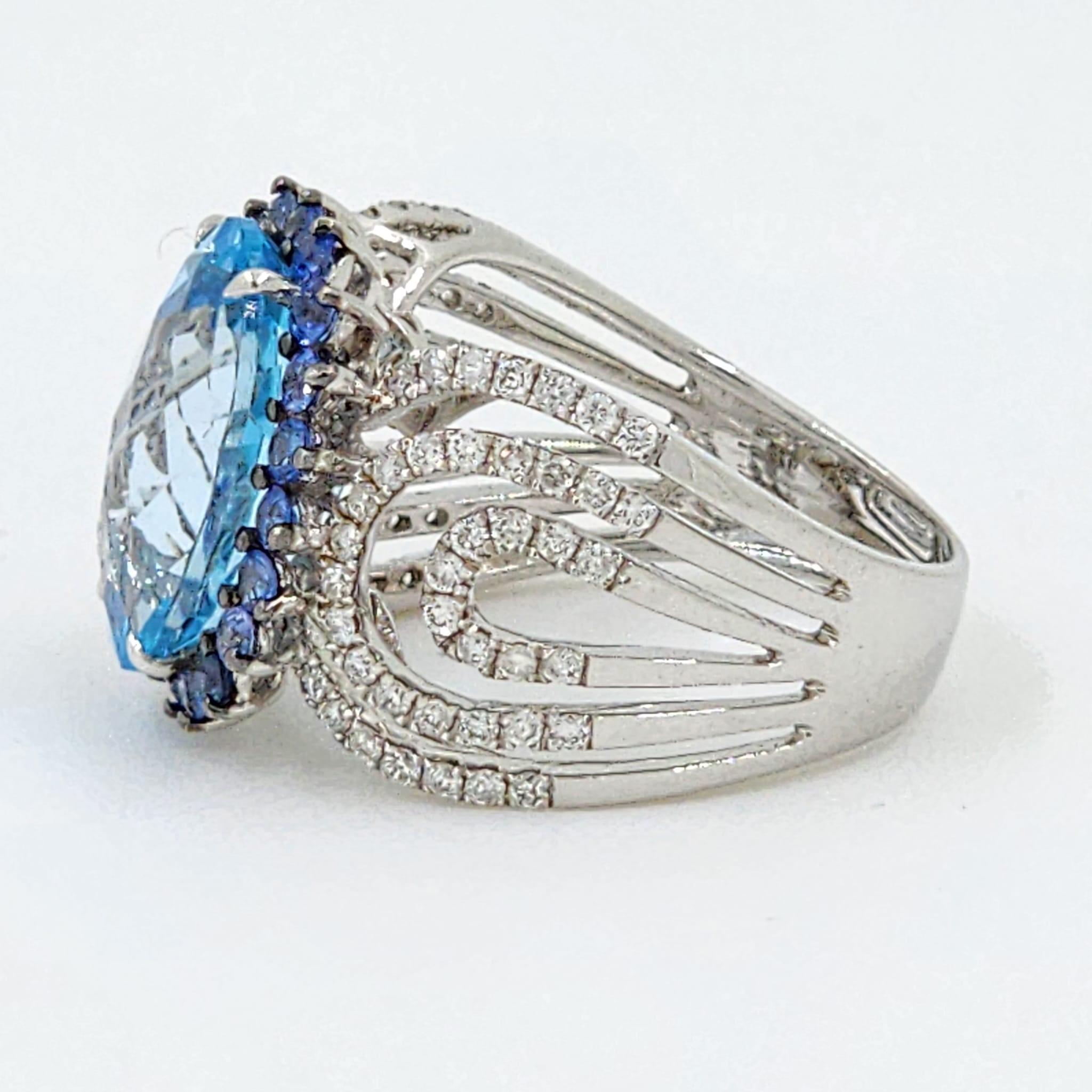Contemporary Blue Topaz Blue Sapphire Diamond Cocktail Ring in 18 Karat White Gold For Sale