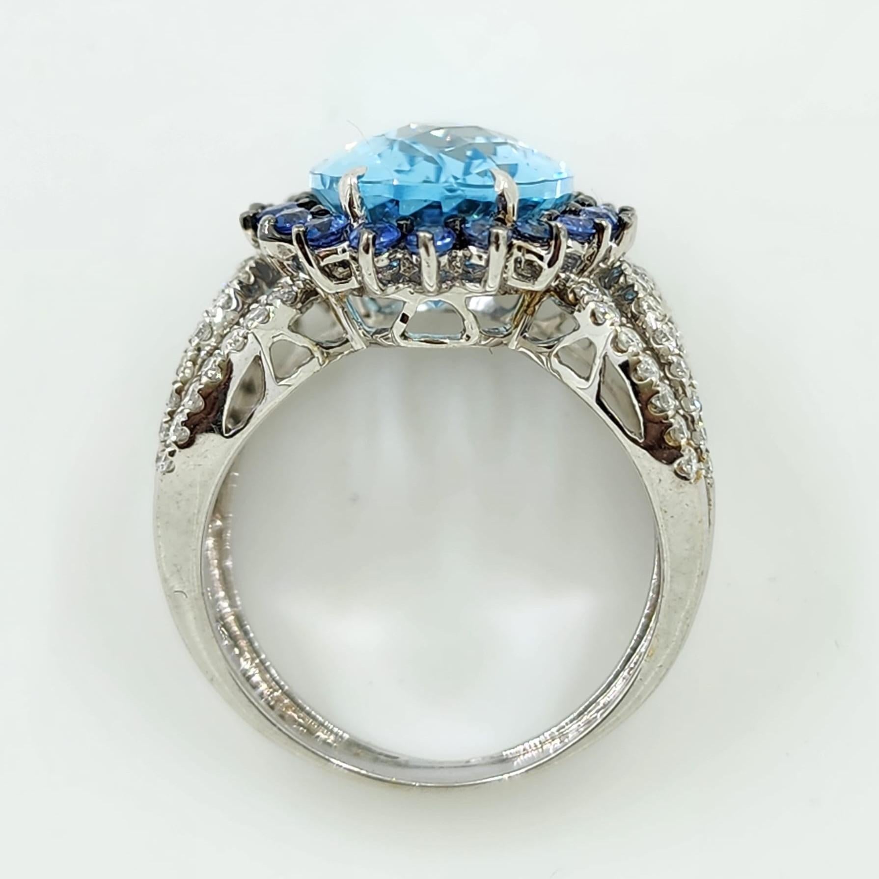 Oval Cut Blue Topaz Blue Sapphire Diamond Cocktail Ring in 18 Karat White Gold For Sale