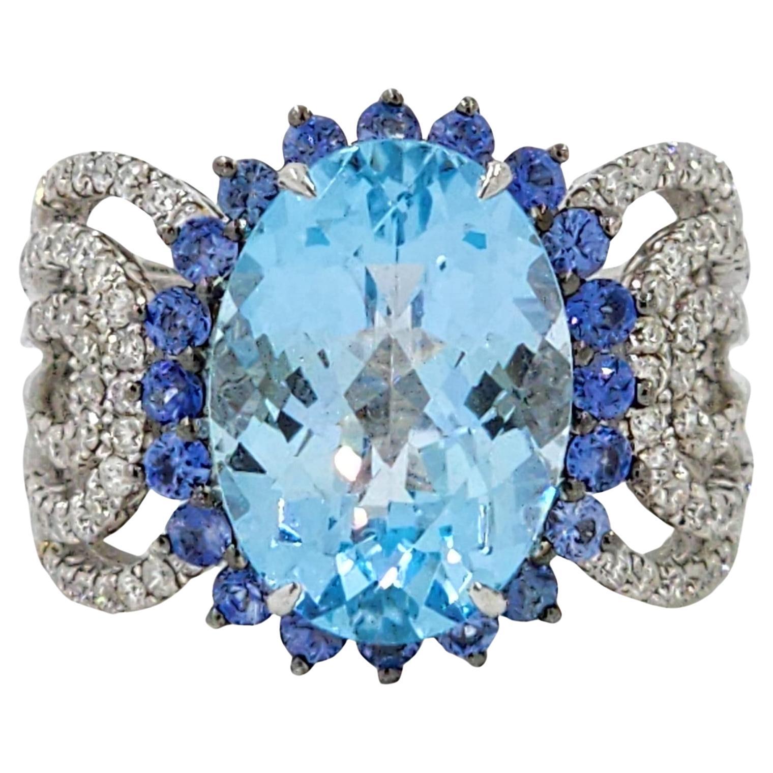 Blue Topaz Blue Sapphire Diamond Cocktail Ring in 18 Karat White Gold For Sale