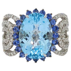 6.96Ct Blue Topaz Blue Sapphire Diamond Cocktail Ring in 18 Karat White Gold