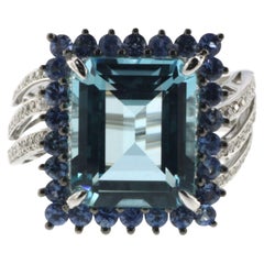 Blue Topaz Blue Sapphire Diamond Cocktail Ring in 18 Karat White Gold