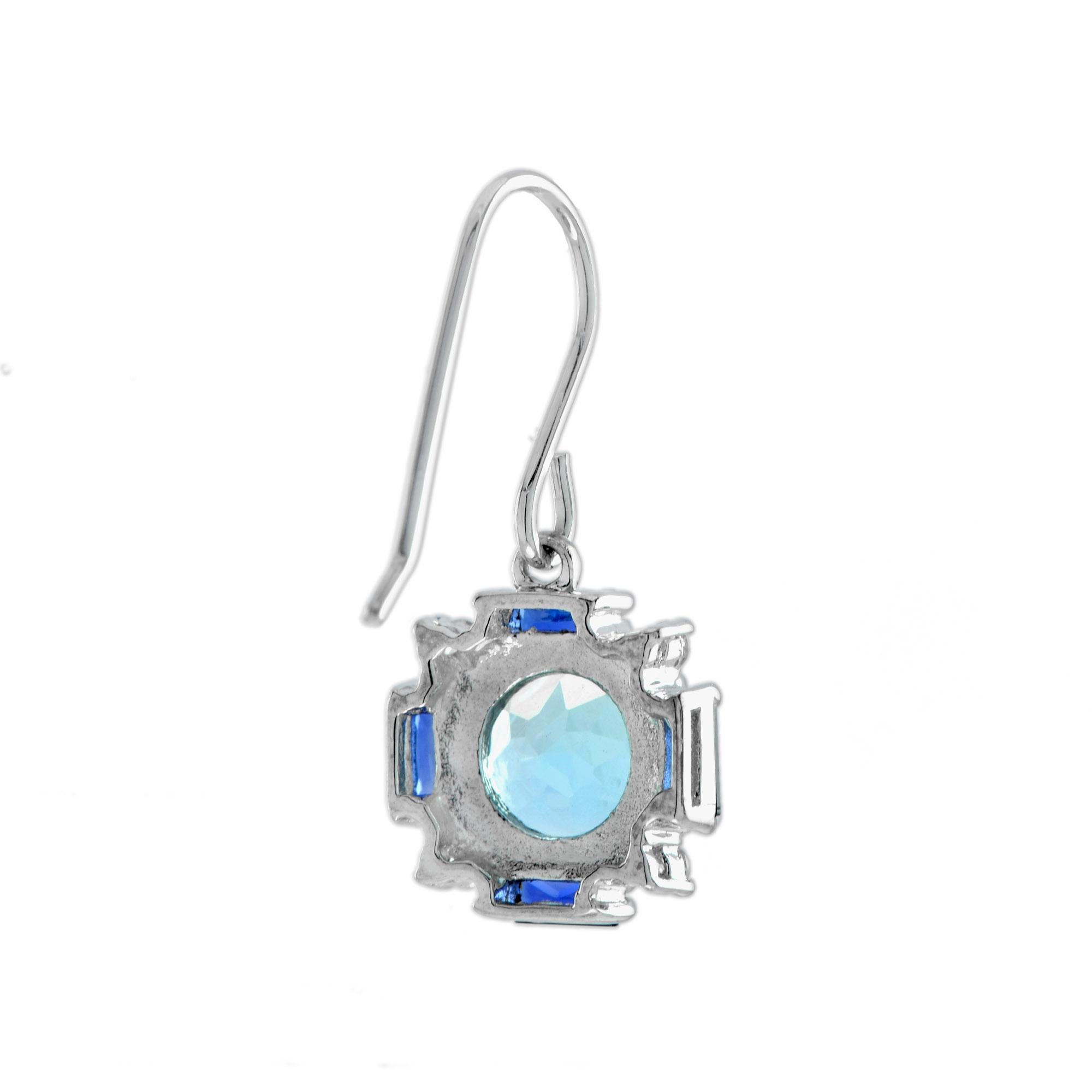 Round Cut Blue Topaz & Blue Sapphire Diamond Vintage Style Dangle 14K White Gold Earrings For Sale