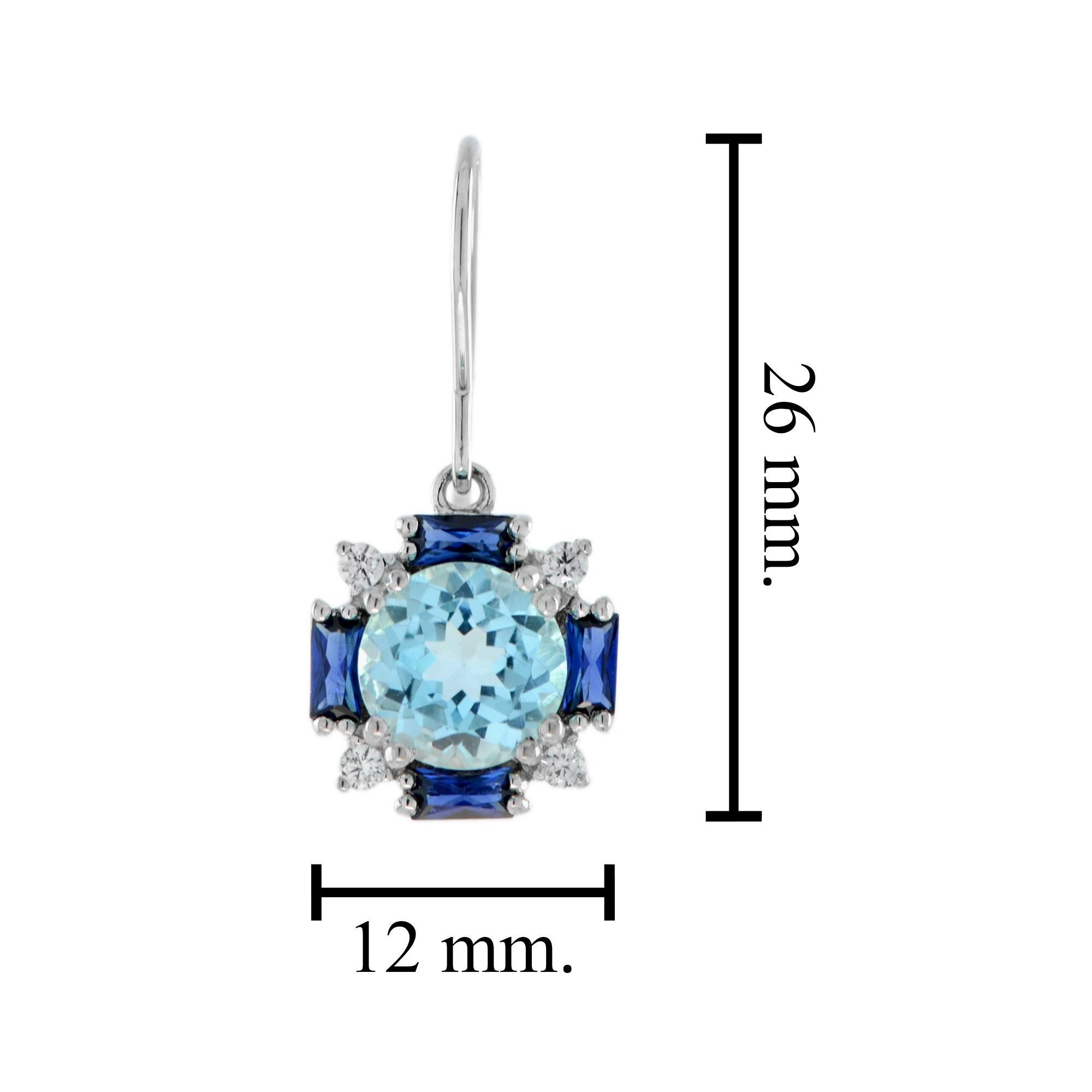 Blue Topaz & Blue Sapphire Diamond Vintage Style Dangle 14K White Gold Earrings In New Condition For Sale In Oakton, VA