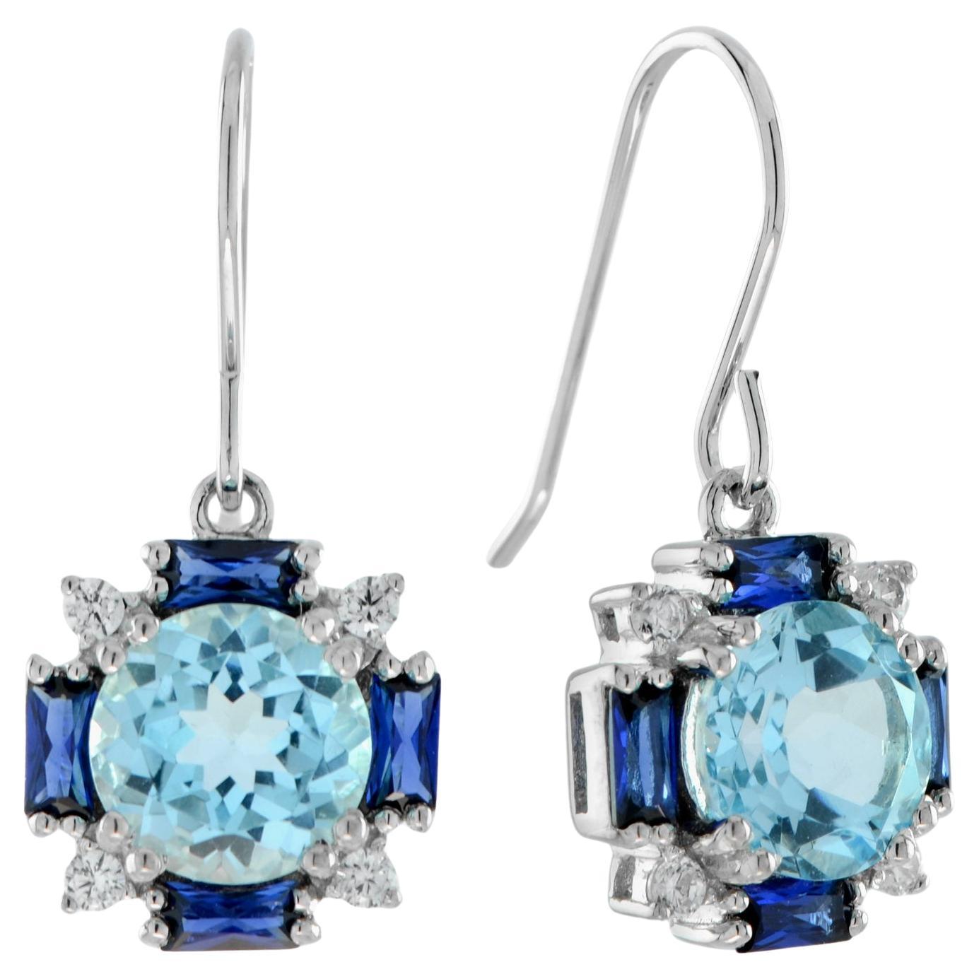 Blue Topaz & Blue Sapphire Diamond Vintage Style Dangle 14K White Gold Earrings For Sale