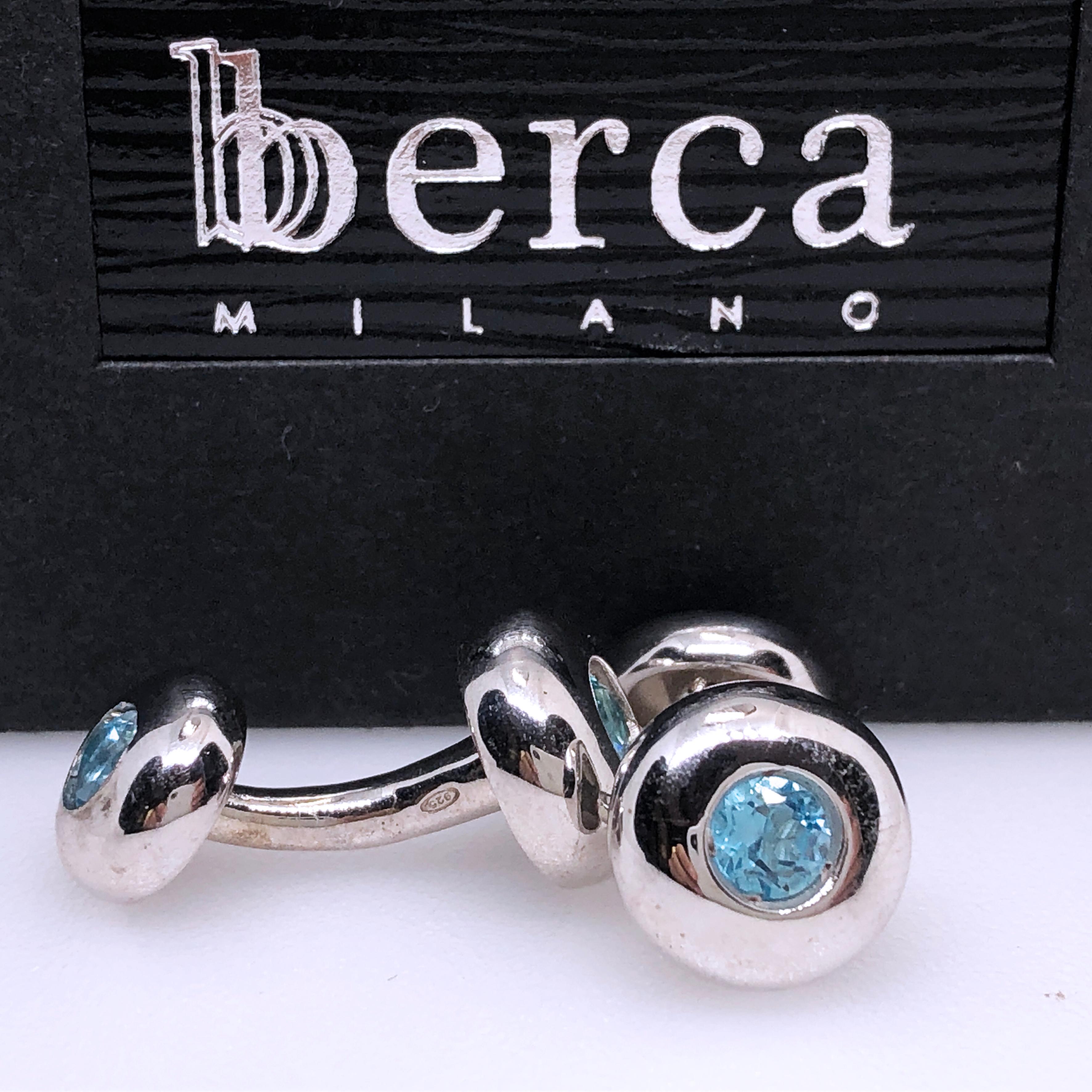 Berca Blue Topaz Brilliant Cut Sterling Silver Cufflinks For Sale 1