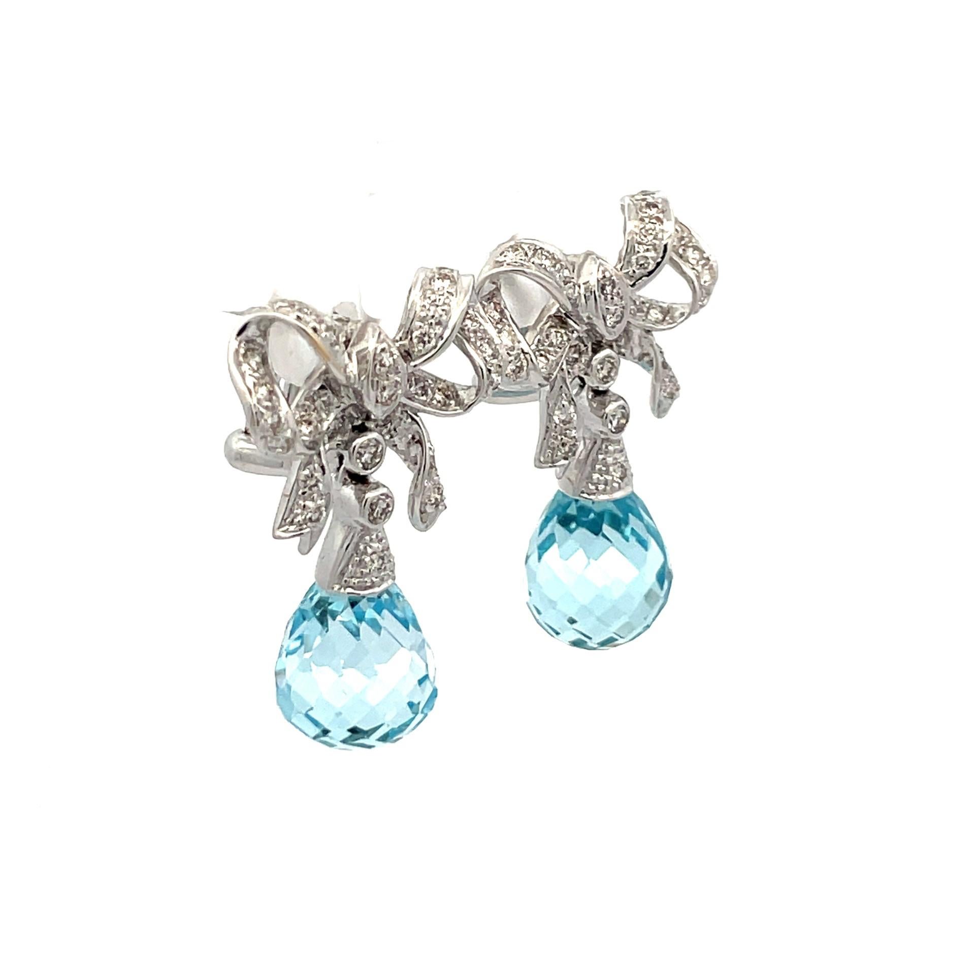 Blue Topaz Briolette And Diamond Bow Earrings in 18 Karat White Gold In New Condition For Sale In Westmount, CA
