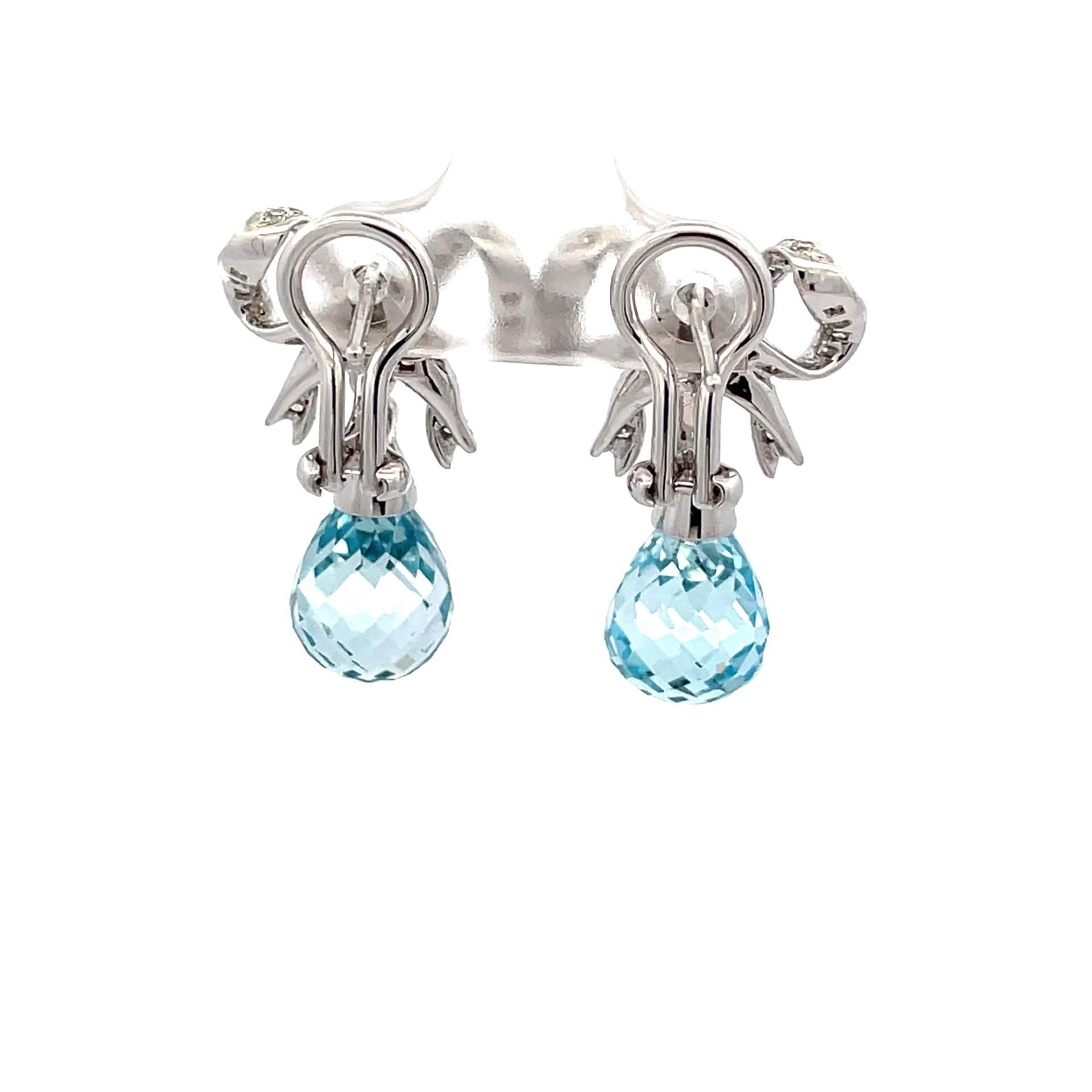 Women's Blue Topaz Briolette And Diamond Bow Earrings in 18 Karat White Gold For Sale