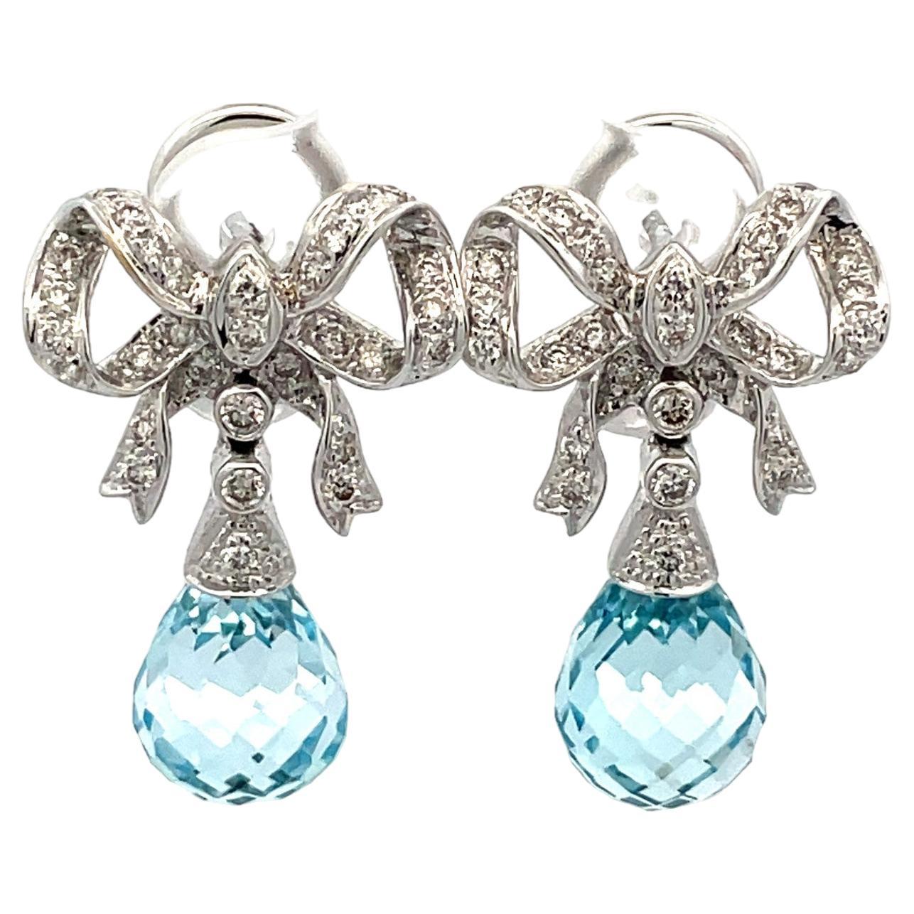 Blue Topaz Briolette And Diamond Bow Earrings in 18 Karat White Gold For Sale