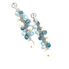 Blue Topaz Briolette, Pearl & Diamond  Grape Earrings in 18 Karat White Gold