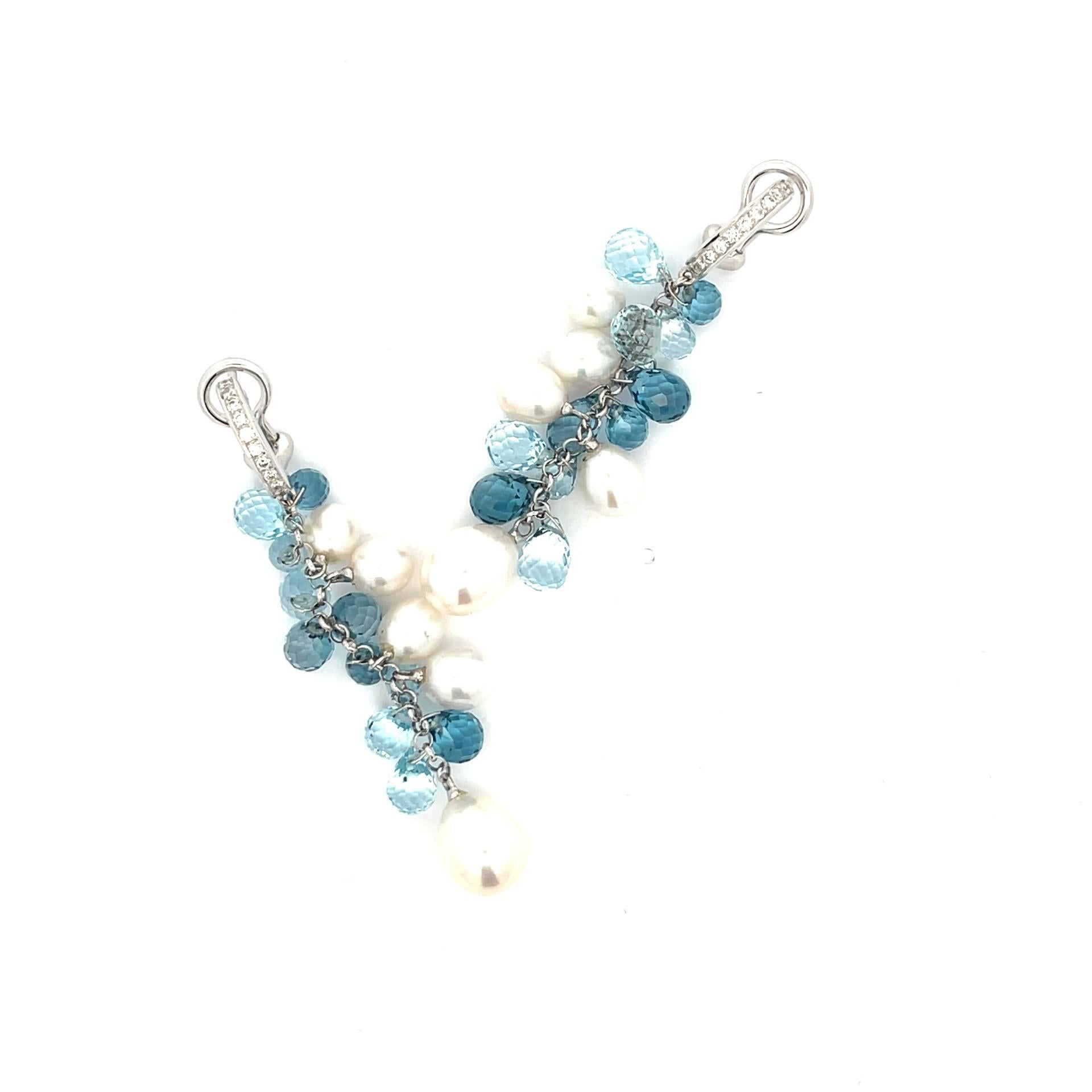 Contemporary  Blue Topaz Briolette, Pearl & Diamond  Grape Earrings in 18 Karat White Gold For Sale
