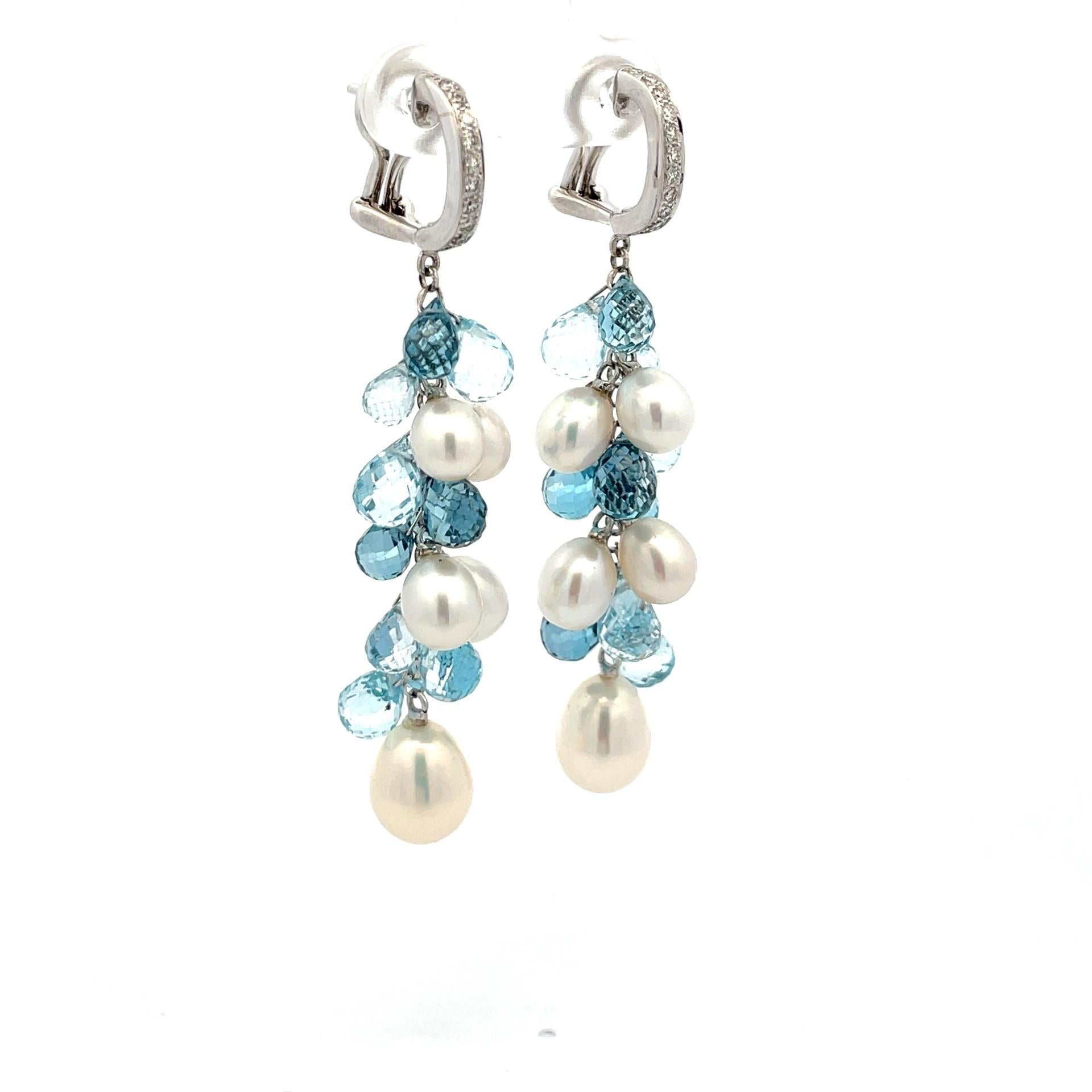Briolette Cut  Blue Topaz Briolette, Pearl & Diamond  Grape Earrings in 18 Karat White Gold For Sale