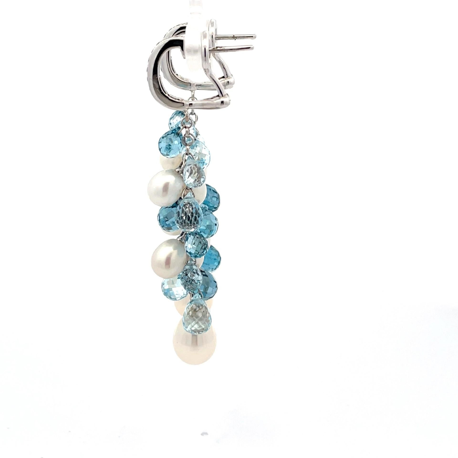  Blue Topaz Briolette, Pearl & Diamond  Grape Earrings in 18 Karat White Gold In New Condition For Sale In Westmount, CA