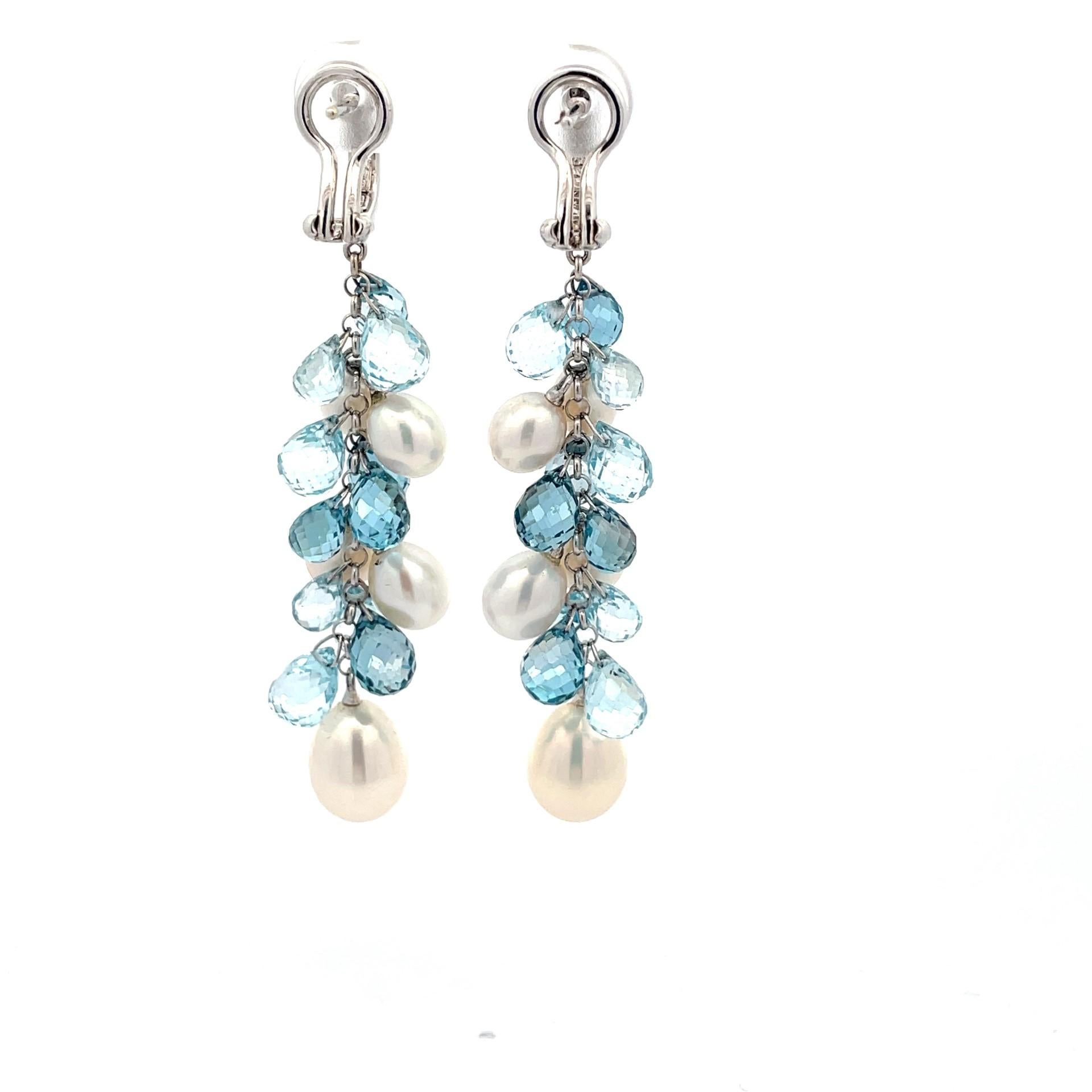 Women's  Blue Topaz Briolette, Pearl & Diamond  Grape Earrings in 18 Karat White Gold For Sale