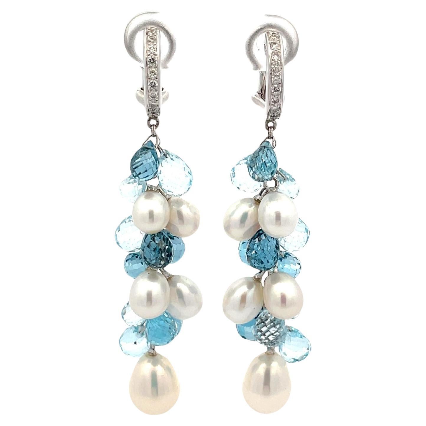  Blue Topaz Briolette, Pearl & Diamond  Grape Earrings in 18 Karat White Gold For Sale