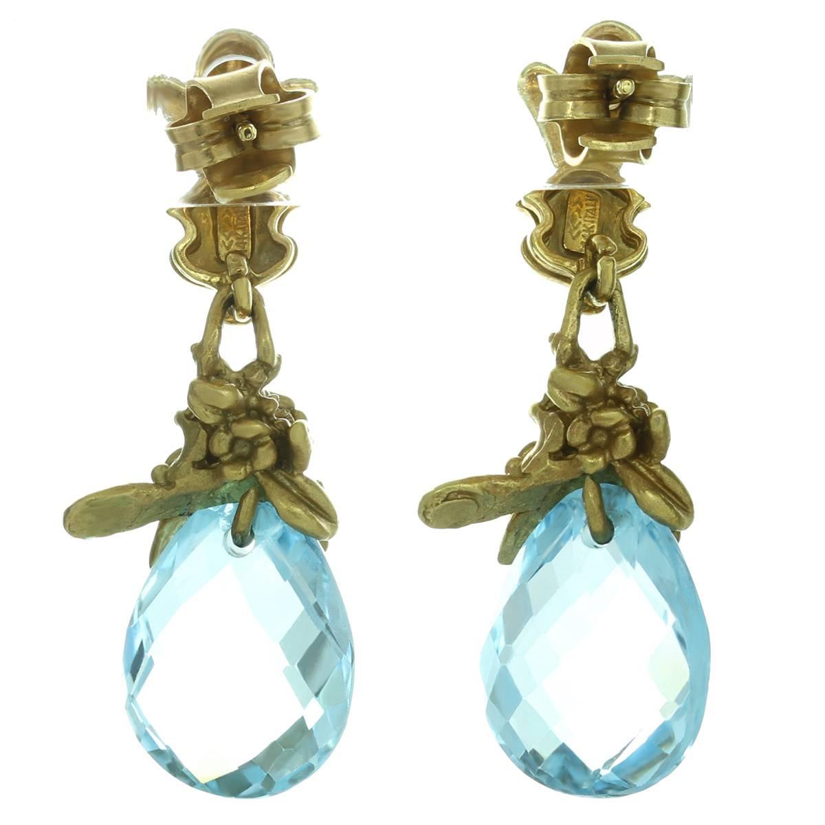 Blue Topaz Briolette Yellow Gold Floral Drop Earrings 1