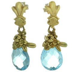 Blue Topaz Briolette Yellow Gold Floral Drop Earrings