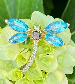 Blue Topaz, Brown Topaz and Peridot Dragonfly 14 Karat Gold Pendant or Brooch