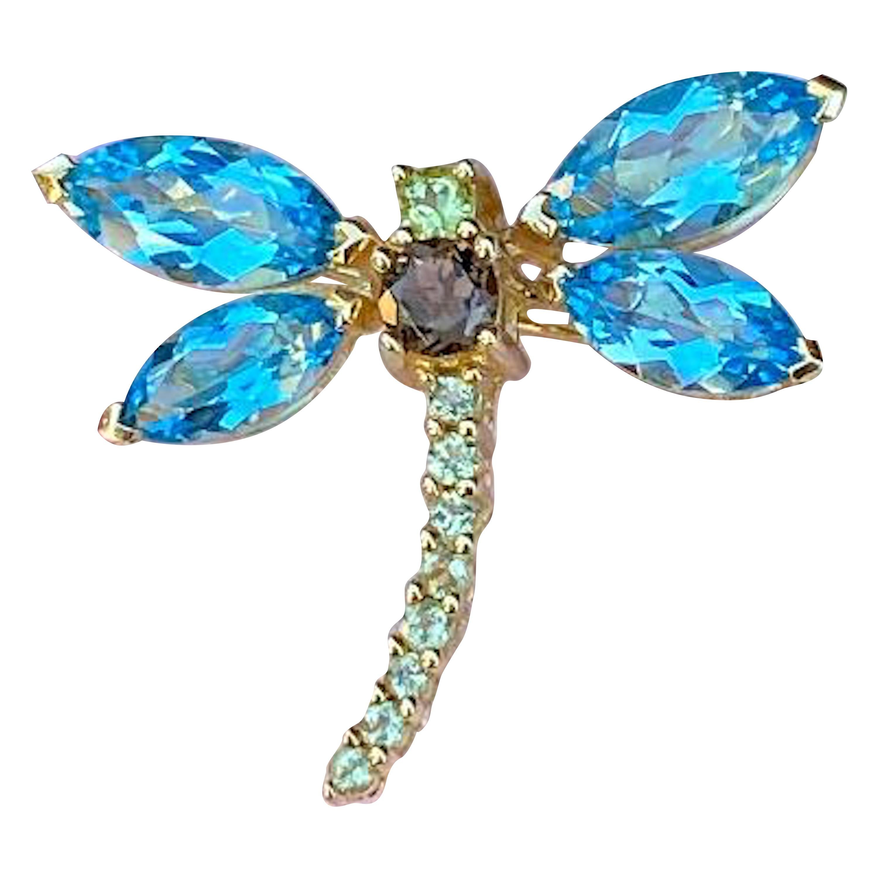 Blue Topaz, Brown Topaz and Peridot Dragonfly 14 Karat Gold Pendant or Brooch