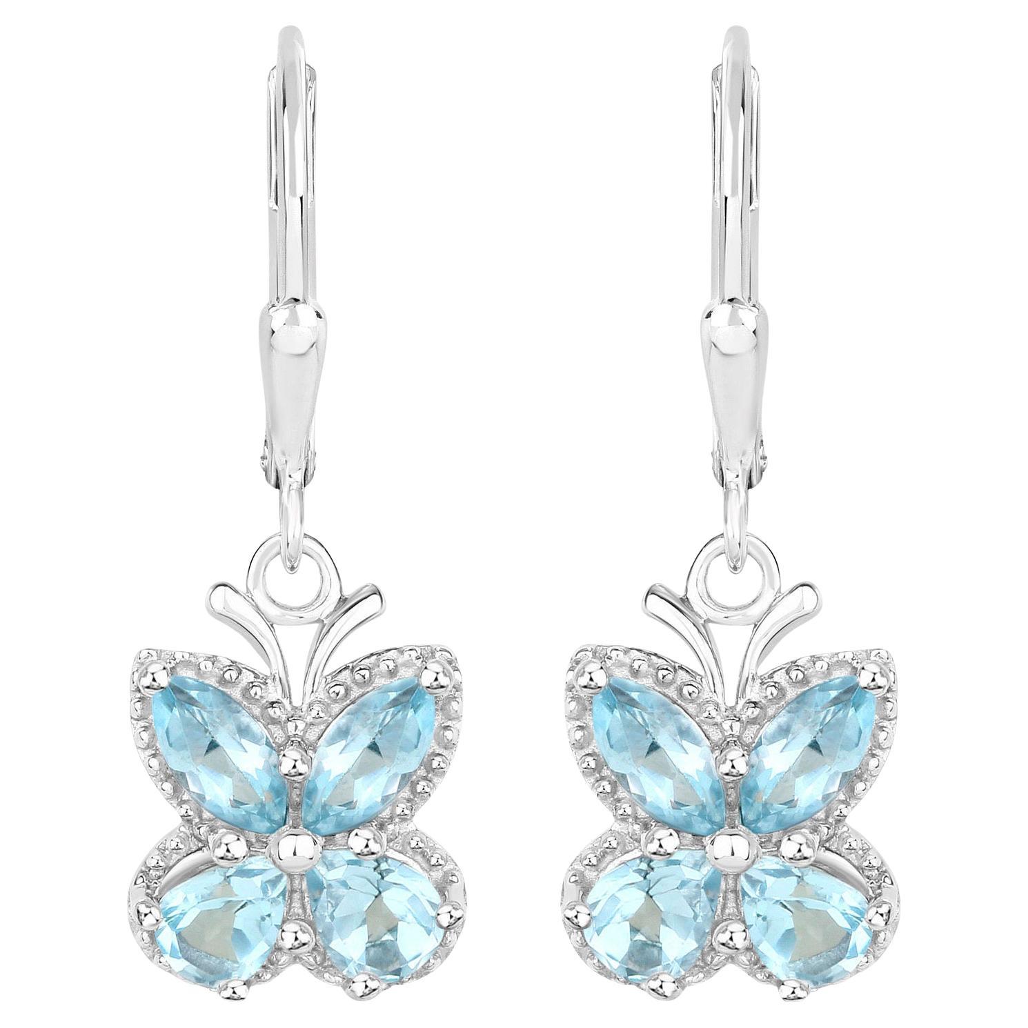 Blue Topaz Butterfly Earrings 2.59 Carats Sterling Silver For Sale