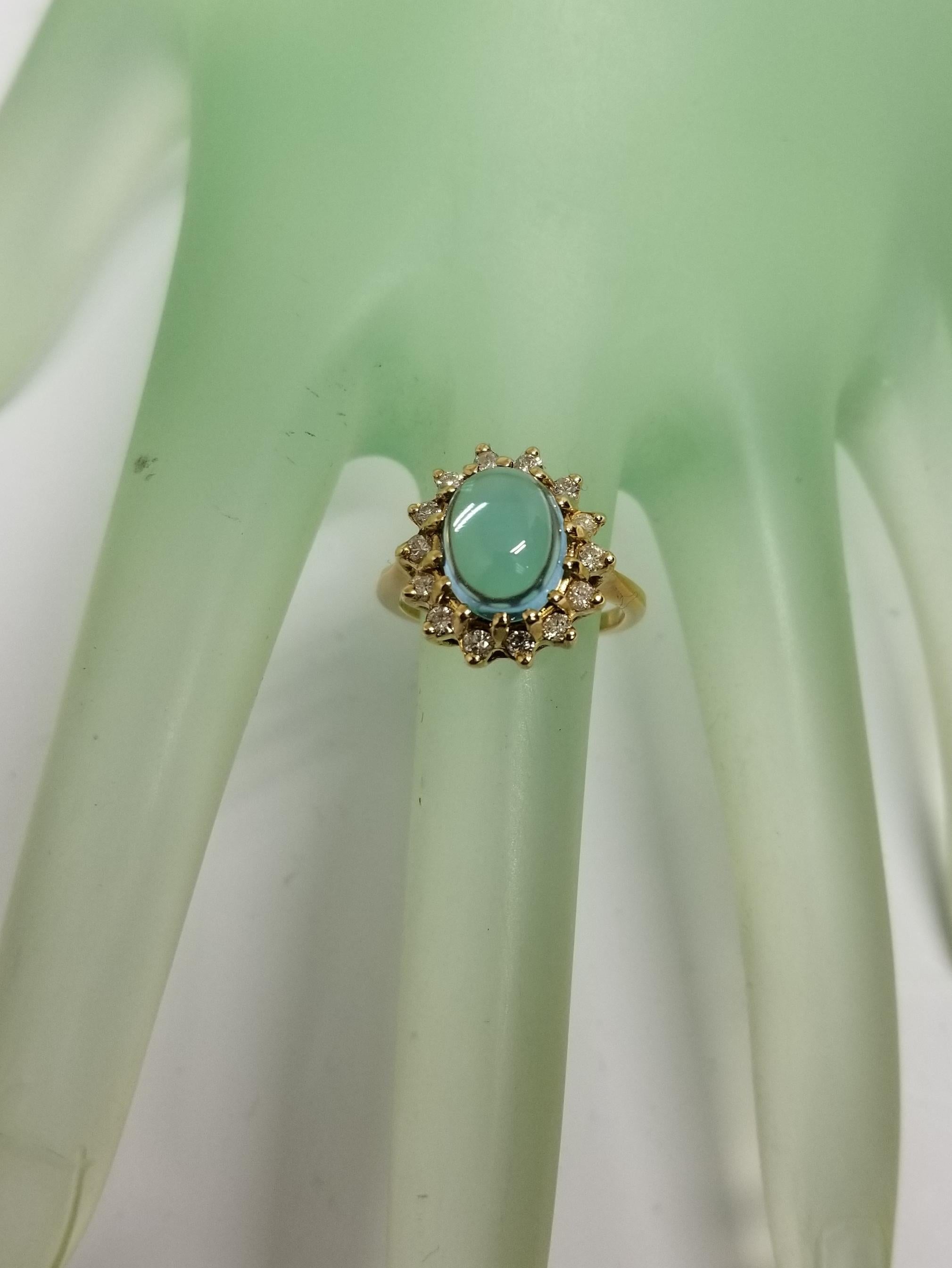 Blue Topaz Cabochon and Diamond Ring In New Condition In Los Angeles, CA