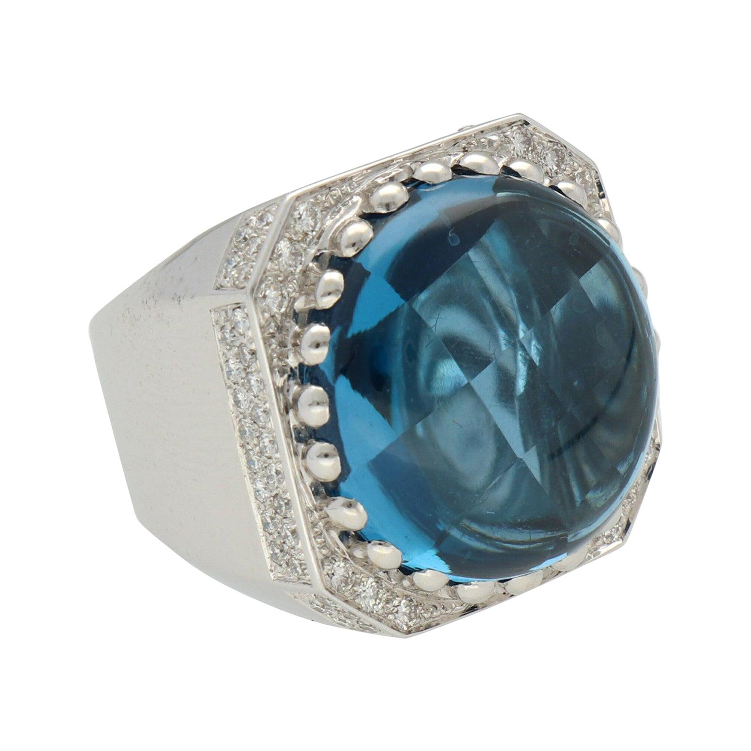 Blue Topaz Cabochon Diamonds 1.15 Carat 18K White Gold Cocktail Ring For Sale