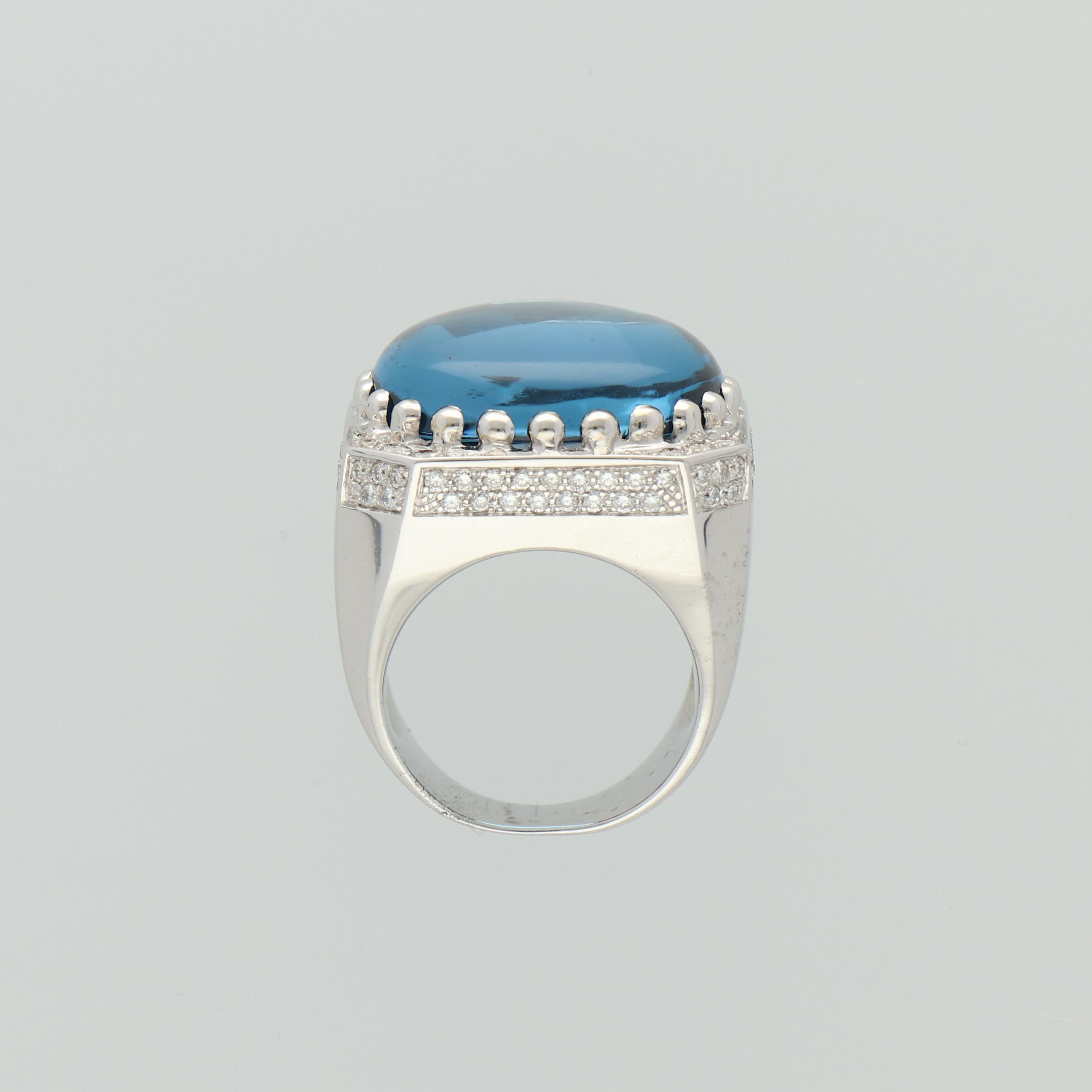 Contemporary Blue Topaz Cabochon Diamonds 1.15 Carat 18K White Gold Cocktail Ring For Sale