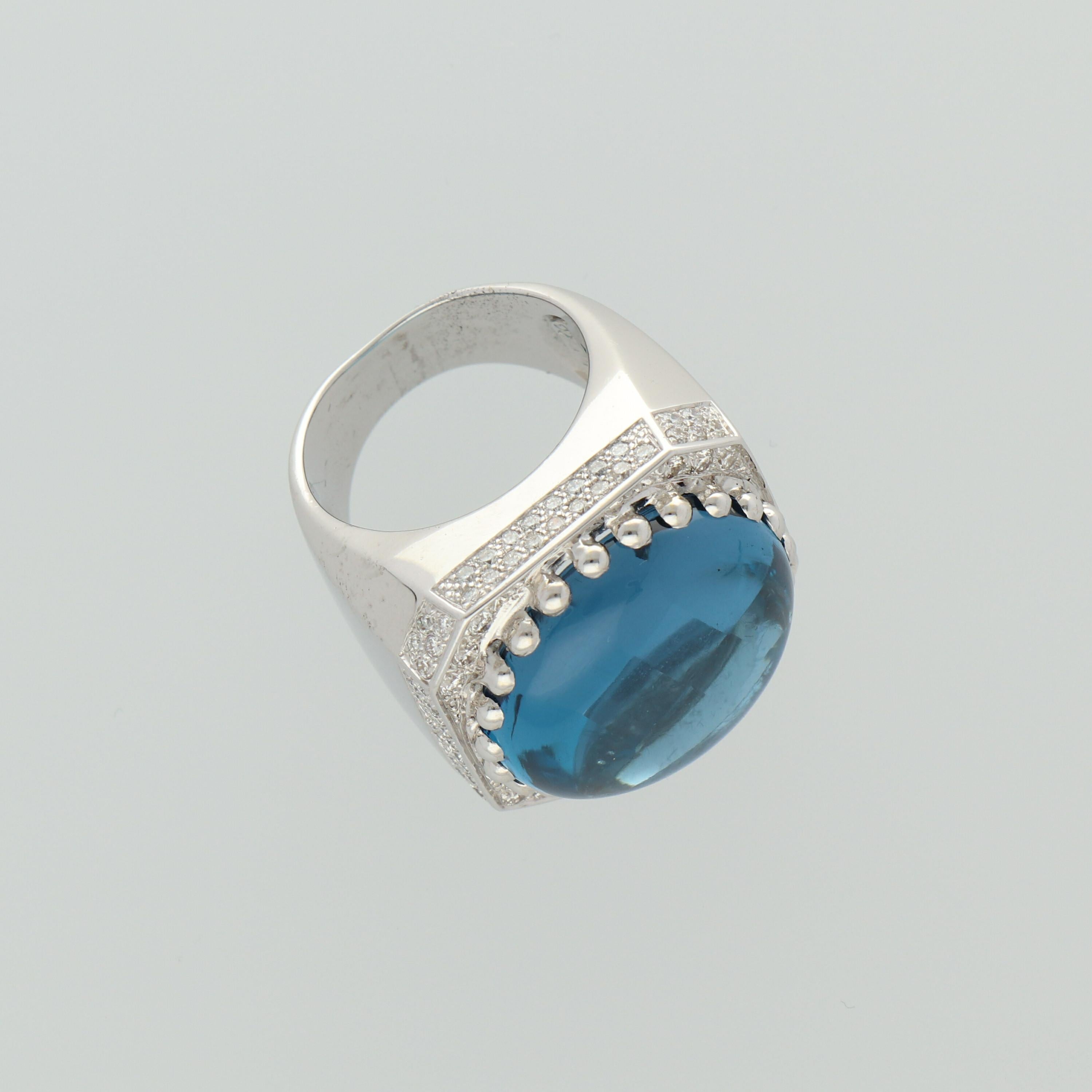 Women's Blue Topaz Cabochon Diamonds 1.15 Carat 18K White Gold Cocktail Ring For Sale