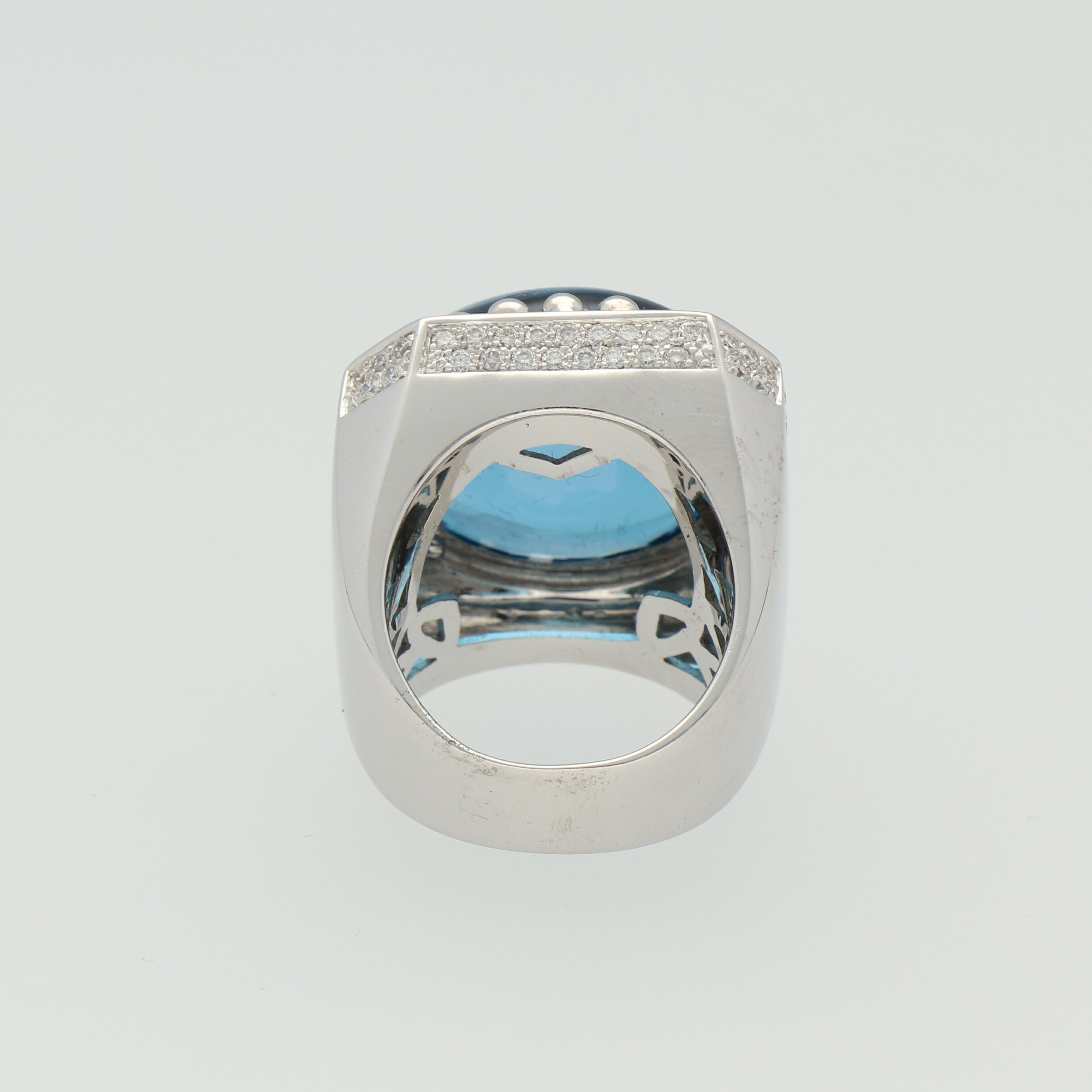 Blue Topaz Cabochon Diamonds 1.15 Carat 18K White Gold Cocktail Ring For Sale 4