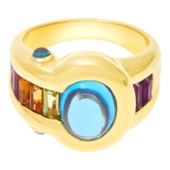 Blue Topaz Cabochon Ring in 18k Yellow Gold with Amethyst & Semi-Precious Stones