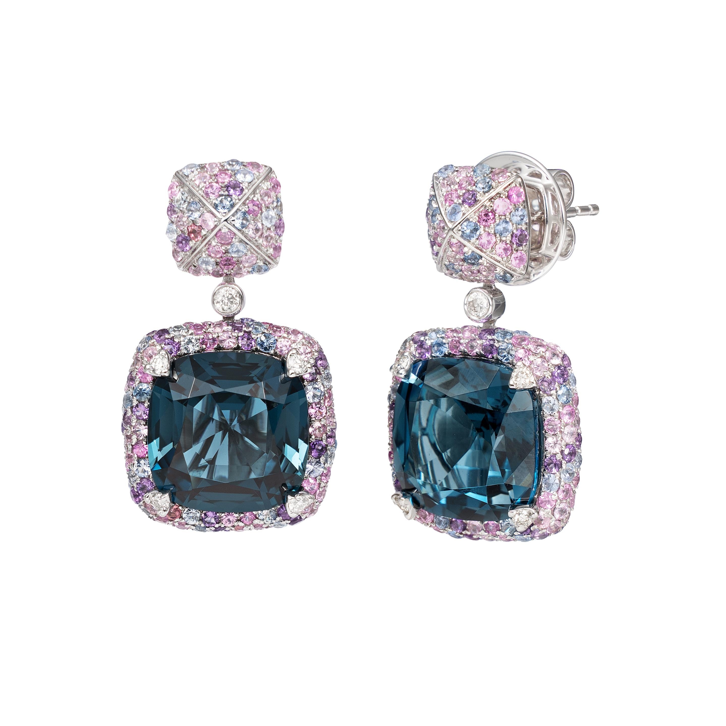 Contemporary Blue Topaz Candy Earrings with Gemstone & Diamond in 18 Karat White Gold For Sale