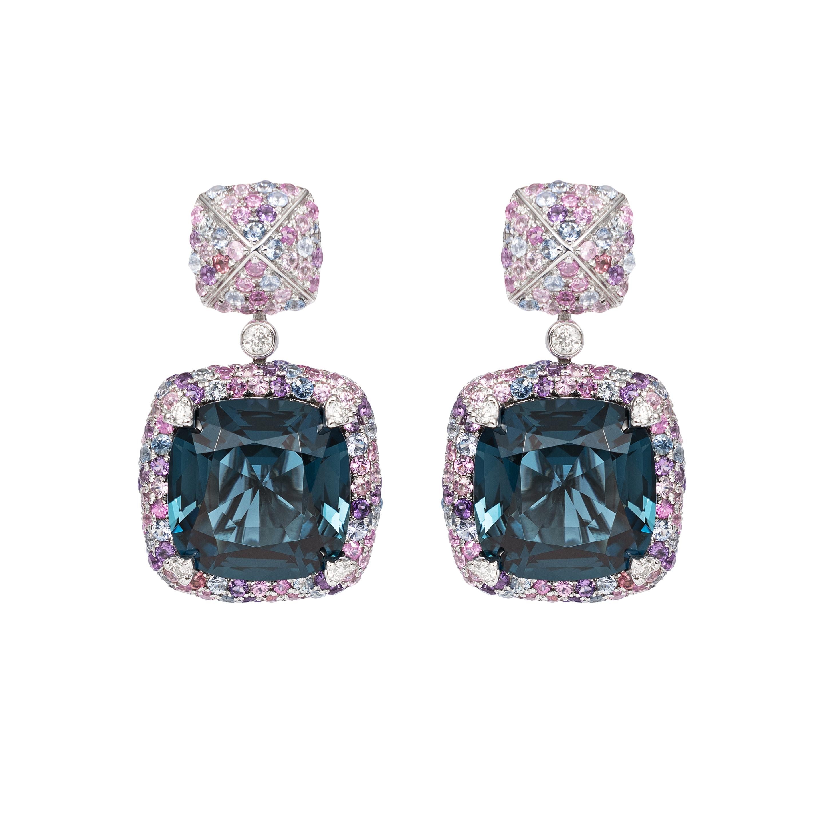 Women's Blue Topaz Candy Earrings with Gemstone & Diamond in 18 Karat White Gold For Sale