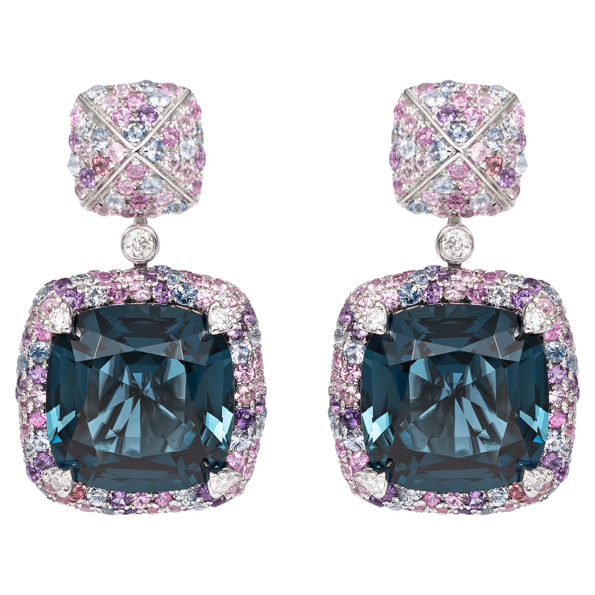 Blue Topaz Candy Earrings with Gemstone & Diamond in 18 Karat White Gold