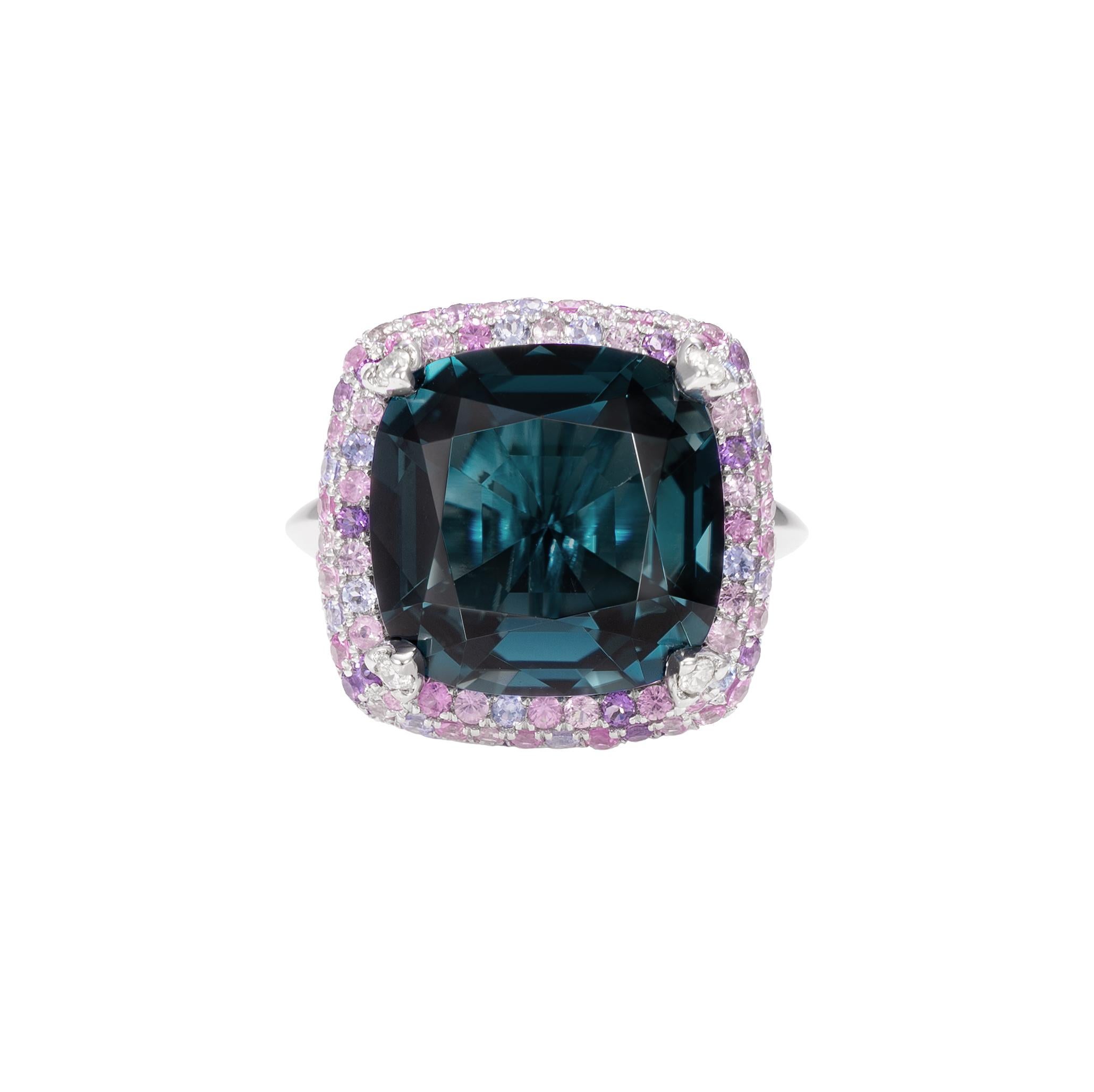Contemporary Blue Topaz Candy Ring with Gemstone & Diamond in 18 Karat White Gold For Sale
